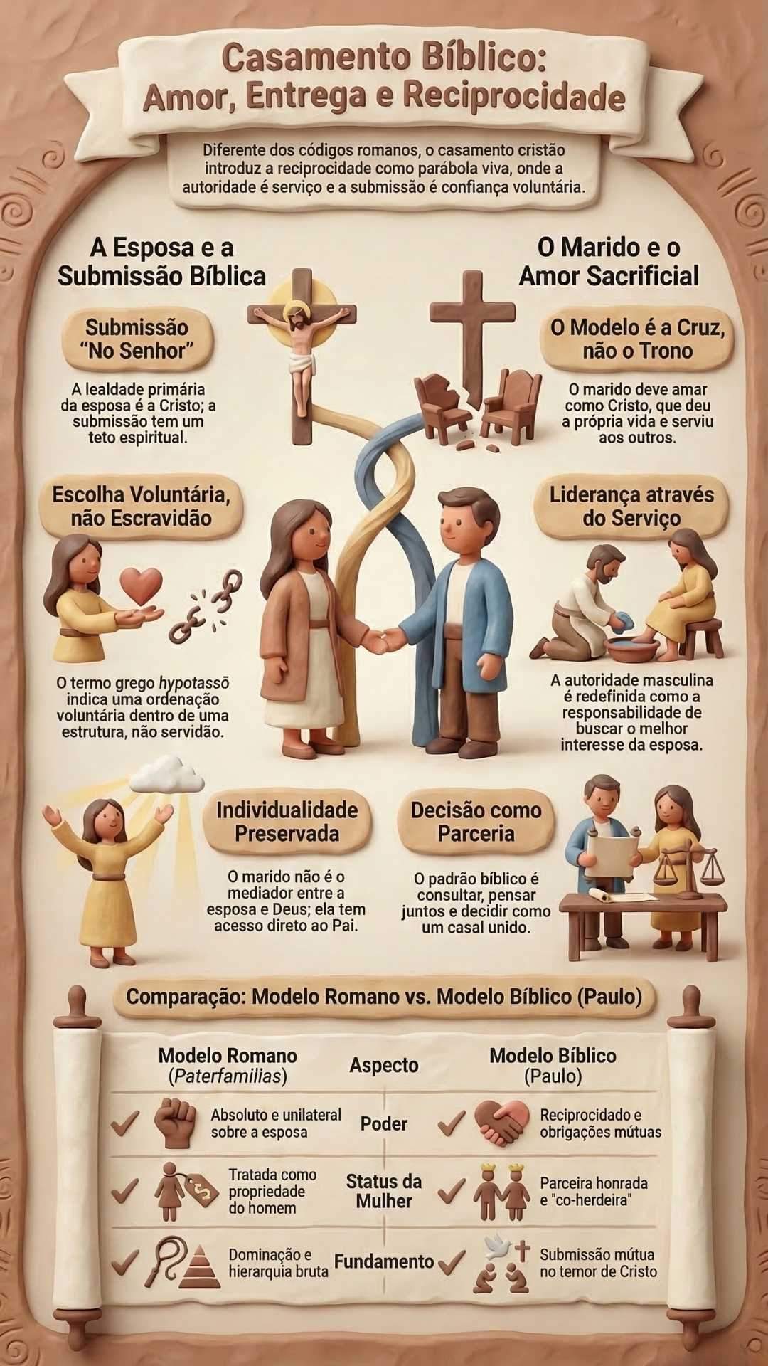 Infográfico explicativo sobre o Casamento Bíblico comparando o modelo cristão de Paulo com o modelo romano Paterfamilias.
