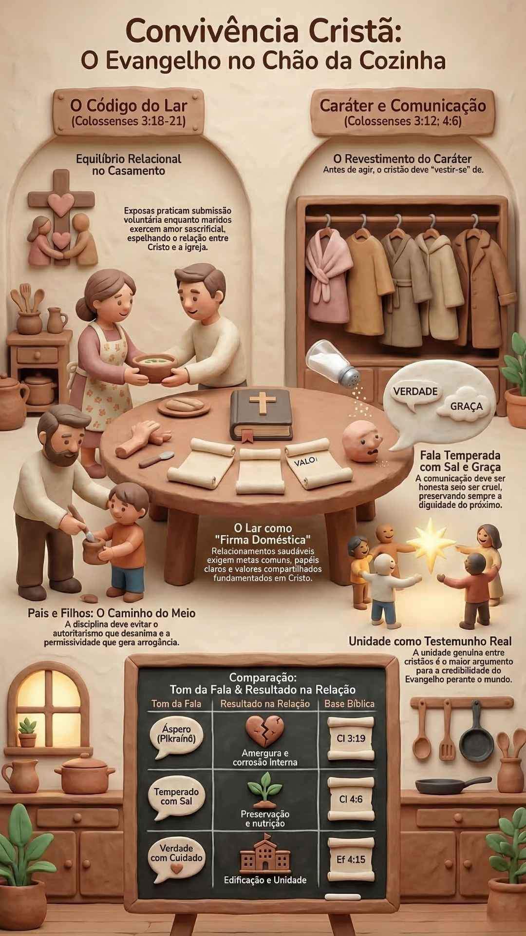 Convivência Cristã: Princípios Bíblicos Para A Família E A Igreja Infográfico em estilo argila 3D. Título: Convivência Cristã: O Evangelho no Chão da Cozinha.