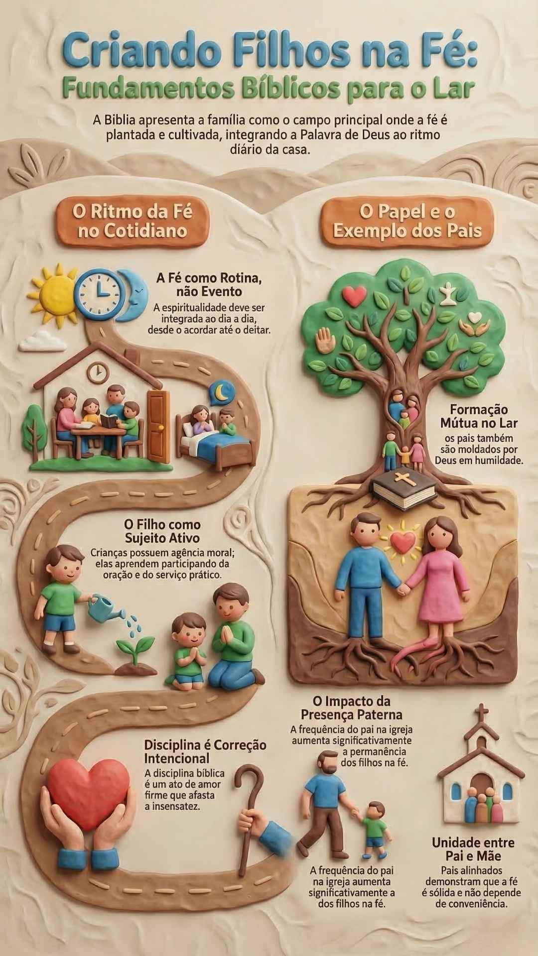 Infográfico com estética de massinha de modelar. Título central Criando Filhos na Fé.