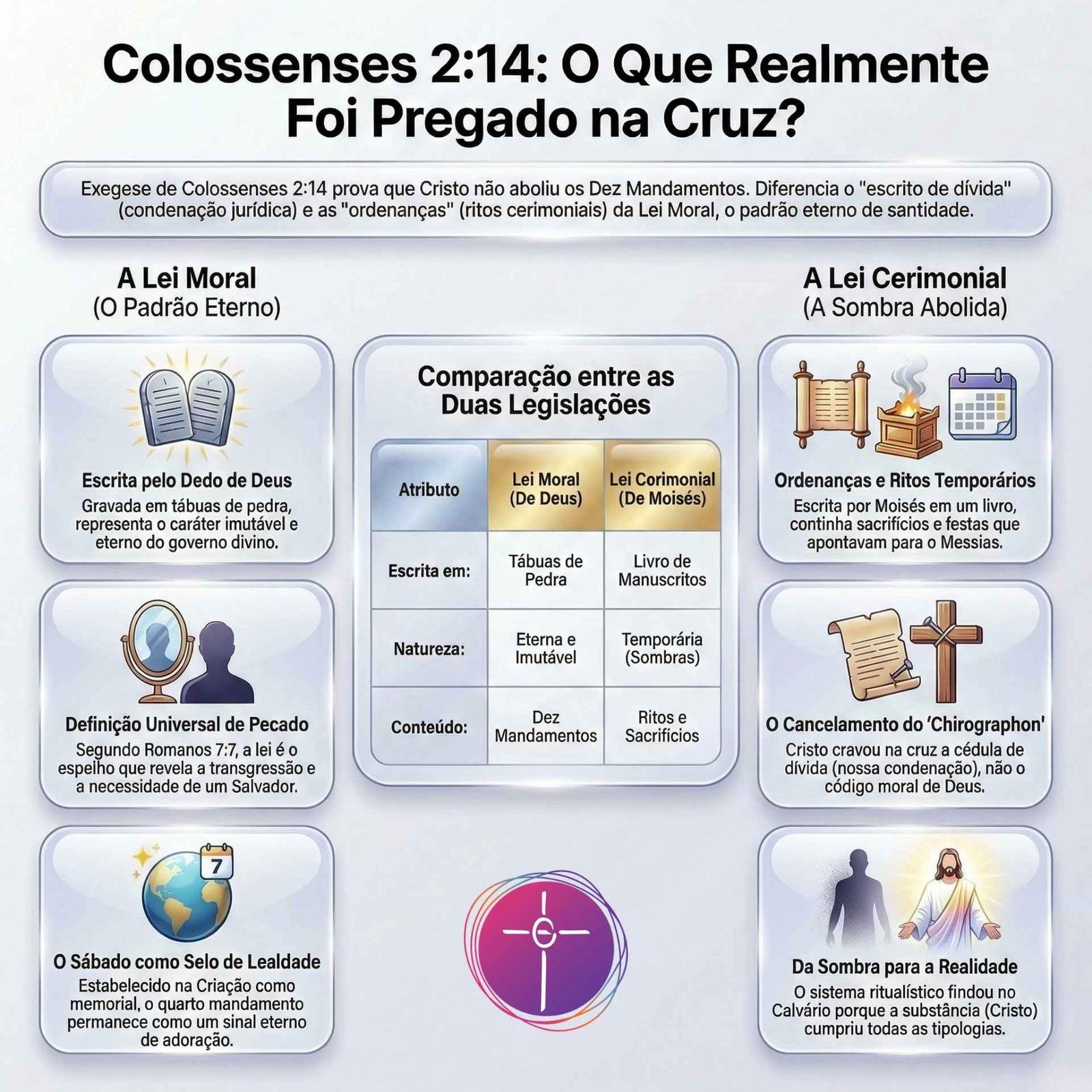 Infográfico sobre Colossenses 2 14. O conteúdo separa o padrão eterno da sombra abolida na cruz.