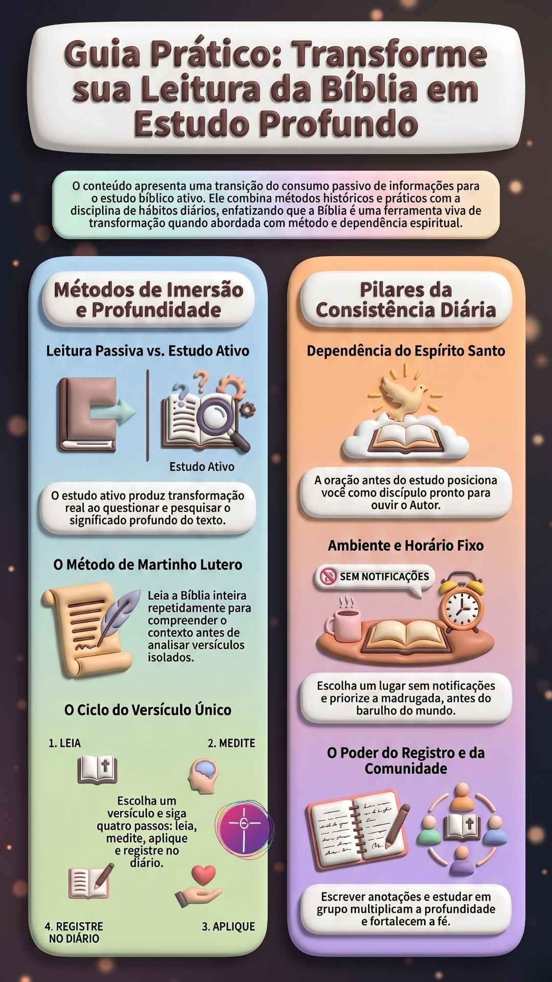Infográfico Guia Prático: Transforme sua Leitura da Bíblia em Estudo Profundo.