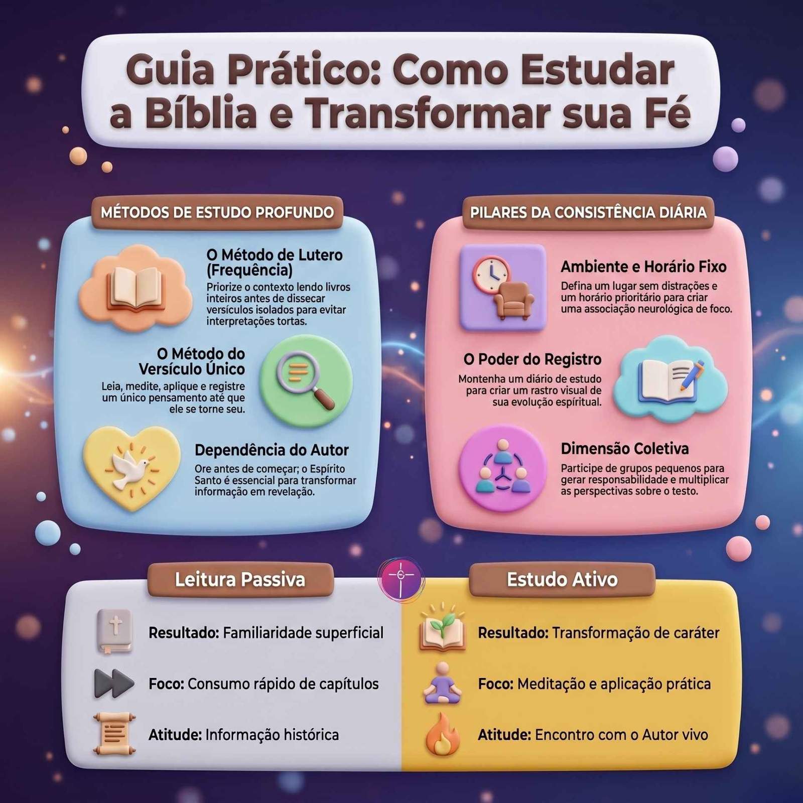 Infográfico Guia Prático: Como Estudar a Bíblia e Transformar sua Fé.
