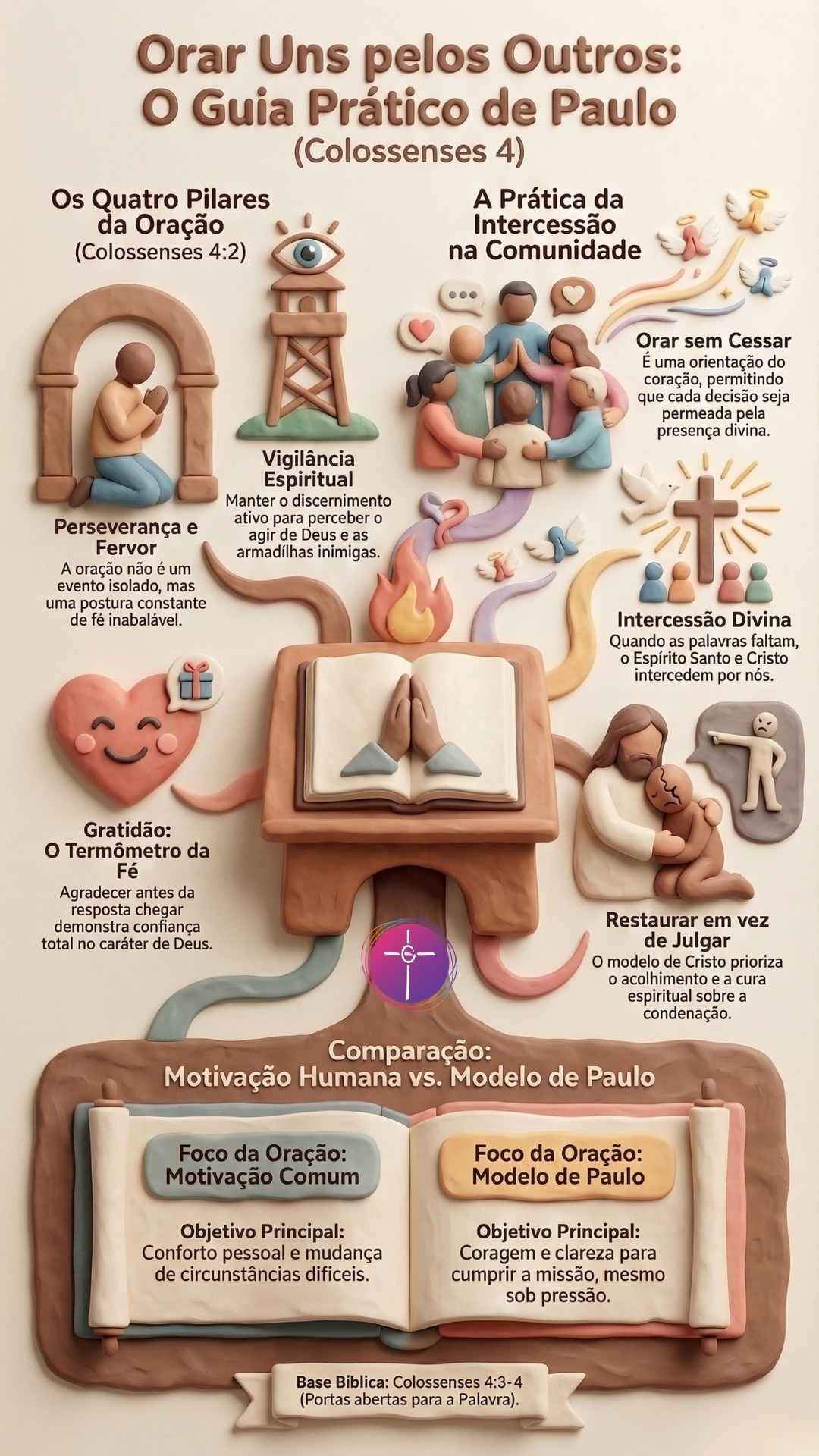 oração intercessória baseado em Colossenses 4. A imagem ilustra pilares como perseverança, vigilância espiritual e gratidão