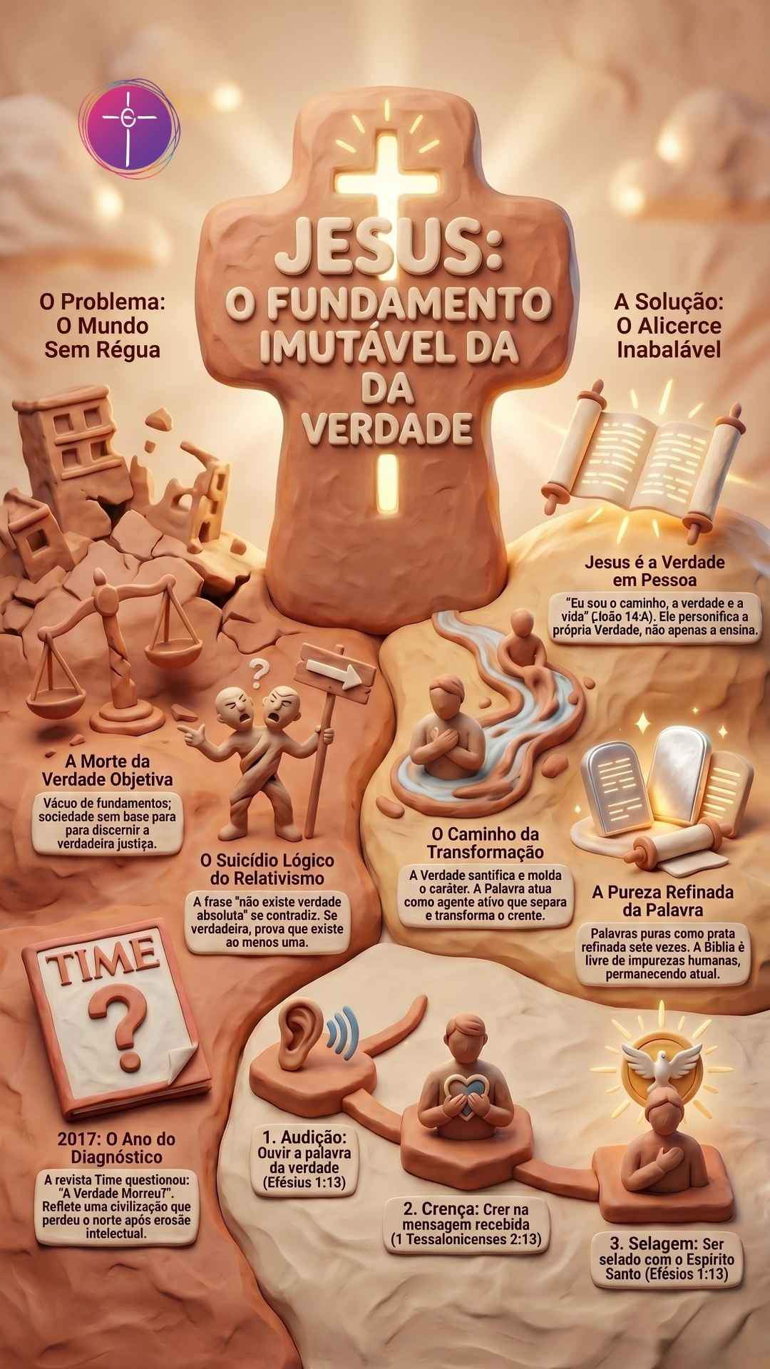 Infográfico em estilo argila 3D. Título central: JESUS: O FUNDAMENTO IMUTÁVEL DA VERDADE.