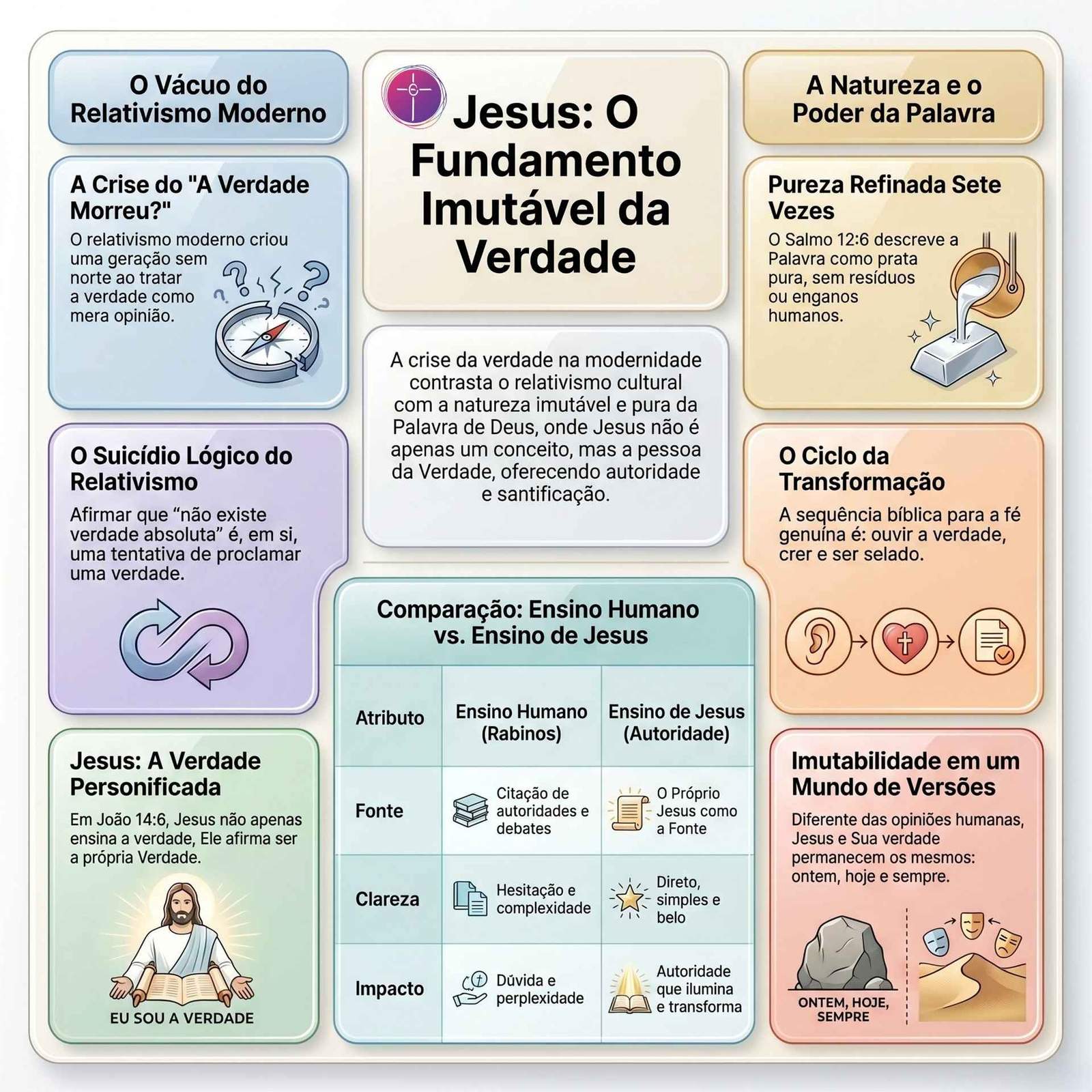 Infográfico sobre Jesus como base da verdade. O lado esquerdo analisa o relativismo moderno.