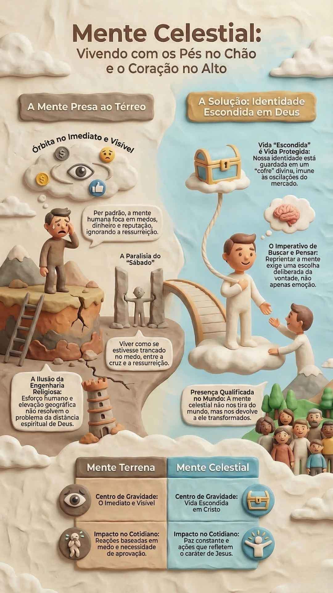 Infográfico em estilo de massinha. Título informa Mente Celestial.