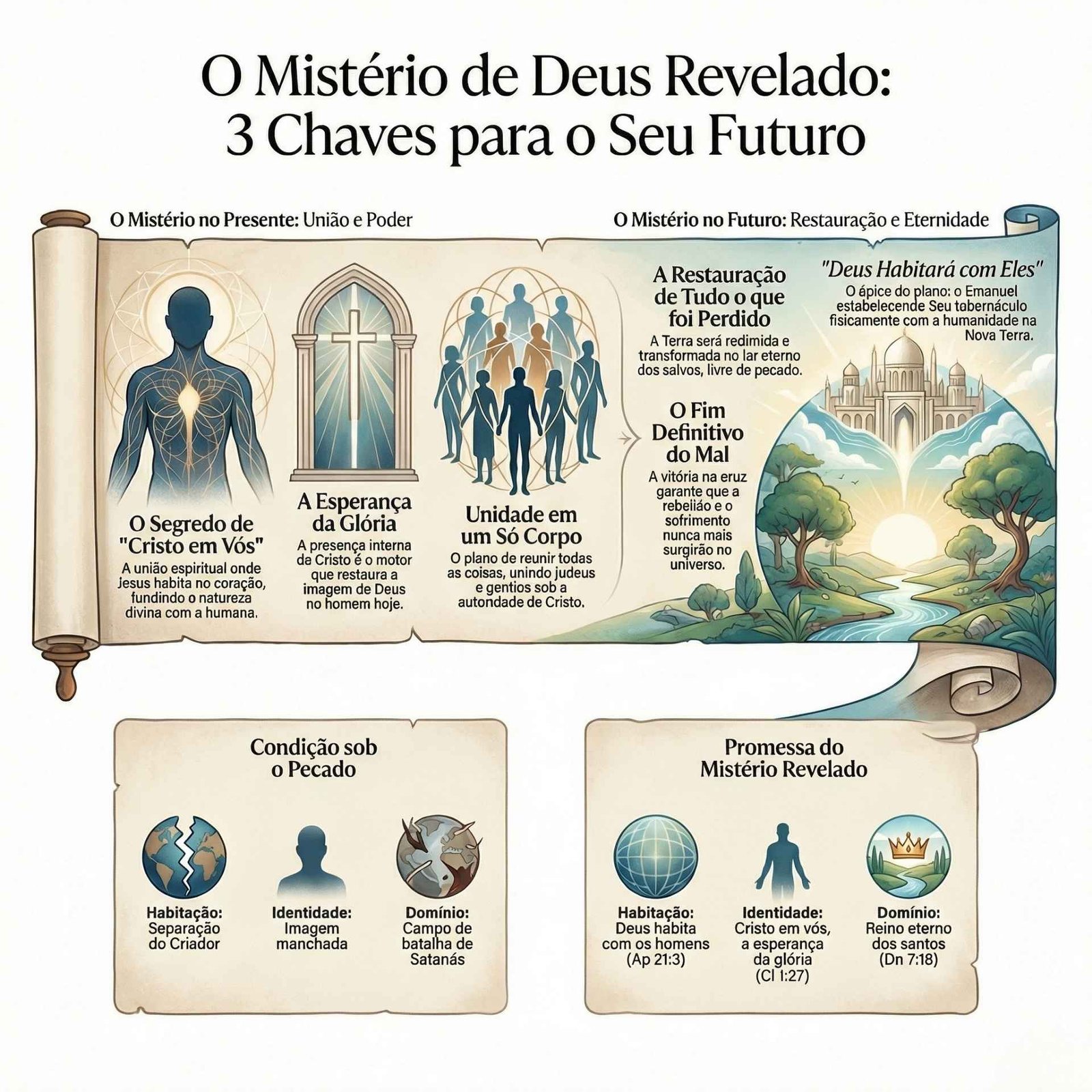 Infográfico vertical intitulado O Mistério de Deus Revelado. Três ícones principais organizam o conteúdo: um pergaminho simbolizando o propósito eterno, uma silhueta humana com luz no peito para Cristo em vós e o planeta Terra com a Nova Jerusalém no topo representando a restauração final. Uma tabela na base lista as referências bíblicas de Colossenses 1:27, Efésios 1:10 e Apocalipse 21:3. O design utiliza tons pastéis de azul e dourado.