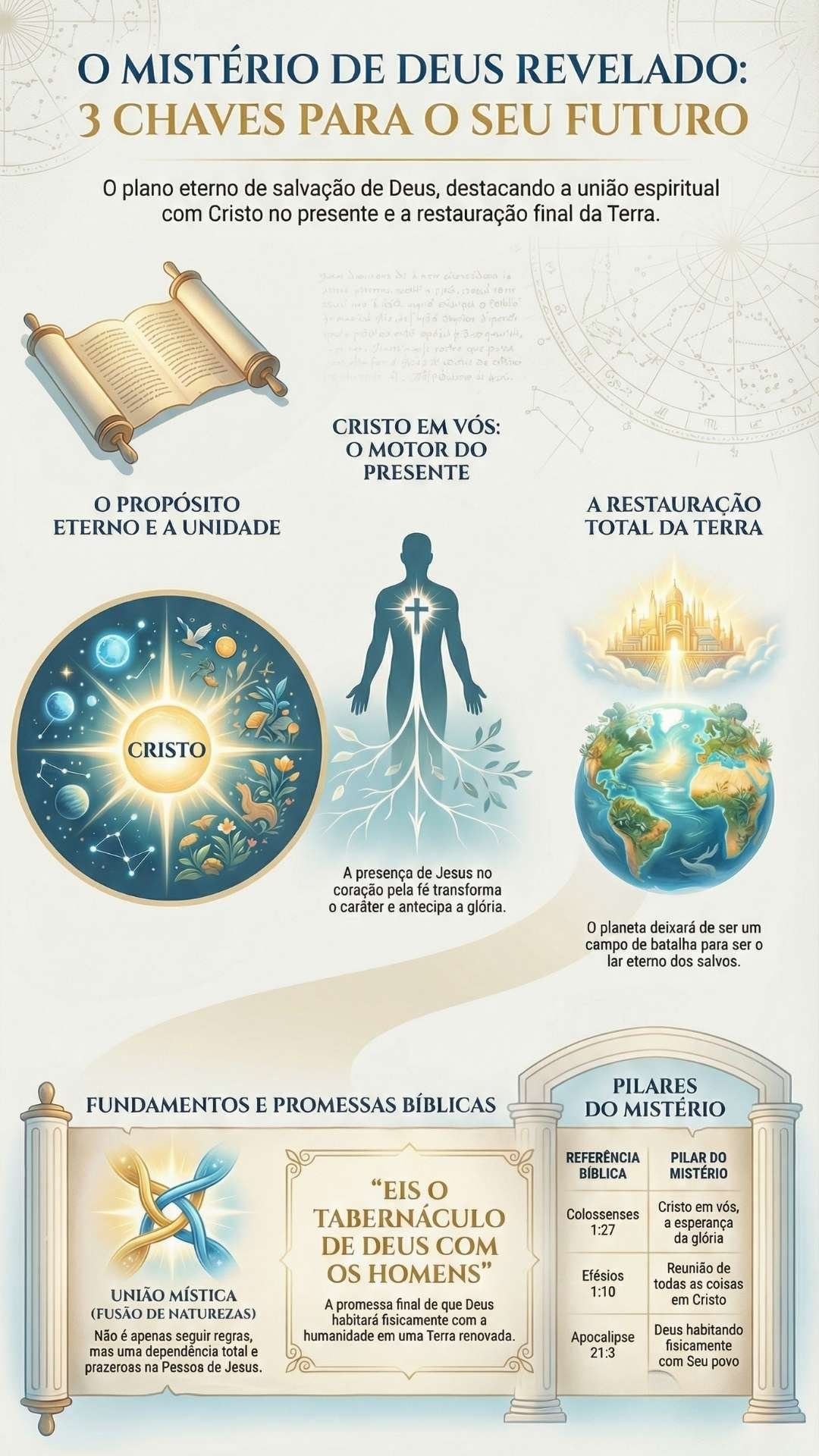 O Mistério De Deus Revelado: 3 Chaves Para O Seu Futuro Infográfico vertical com tons pastéis e ilustrações teológicas. O título superior apresenta o Mistério de Deus Revelado e as três chaves para o futuro. O texto abaixo resume o plano de salvação e a restauração final da Terra. No centro, três ícones organizam os temas. O primeiro mostra um pergaminho simbolizando o propósito eterno. O segundo exibe uma silhueta humana com uma cruz no peito, representando Cristo no coração. O terceiro ilustra a Nova Jerusalém sobre o globo terrestre para indicar a renovação do planeta. A base contém um quadro com a promessa da habitação física de Deus com os homens. Uma tabela lateral relaciona textos de Colossenses, Efésios e Apocalipse aos pilares da esperança cristã.