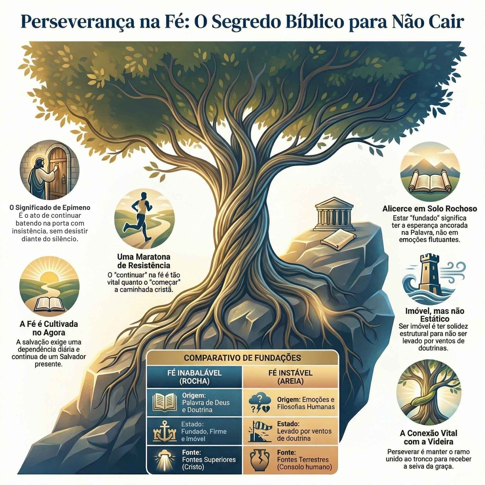 Ilustração de árvore sobre rocha firme. Tabela compara fé inabalável com fé instável. Define o ato de permanecer unido a Cristo.