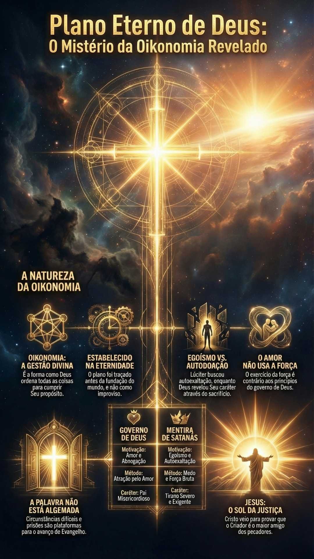 Plano Eterno De Deus: O Mistério Da Oikonomia Revelado Infográfico sobre o Plano Eterno de Deus e o mistério da Oikonomia. Uma cruz dourada brilha no centro em um fundo cósmico. Ícones explicam a gestão divina e a eternidade do plano. O texto contrasta o governo de Deus com as mentiras de Satanás. Jesus Cristo aparece no canto inferior direito como Sol da Justiça.