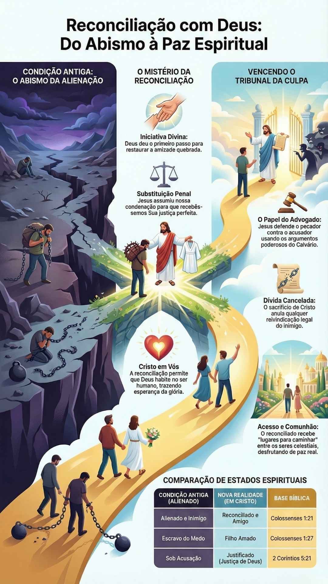 Reconciliação Com Deus: 3 Passos Para A Paz Espiritual Infográfico vertical intitulado "Reconciliação com Deus: Do Abismo à Paz Espiritual". À esquerda, mostra o "Abismo da Alienação" com pessoas acorrentadas e tristes. Ao centro, uma cruz verdejante funciona como ponte onde Jesus troca o fardo pesado de um homem por vestes brancas de justiça. À direita, o "Tribunal da Culpa" mostra Jesus defendendo um jovem diante de portais celestiais, com uma tabela comparativa na base citando Colossenses 1:21, 1:27 e 2 Coríntios 5:21.