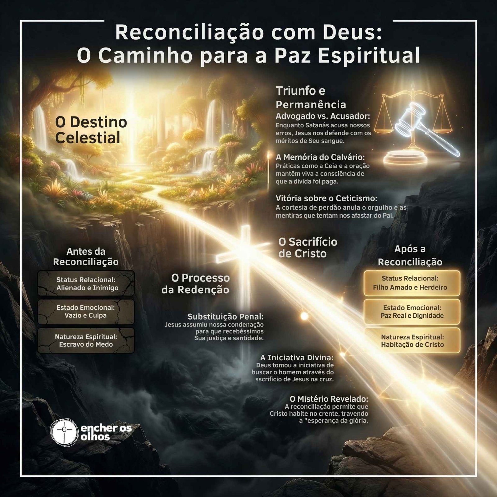 Infográfico cristão sobre Reconciliação com Deus mostrando uma ponte em formato de cruz sobre um abismo. A imagem contrasta o estado de alienação e medo com a paz espiritual e a adoção como filho de Deus através do sacrifício de Jesus e da Substituição Penal.