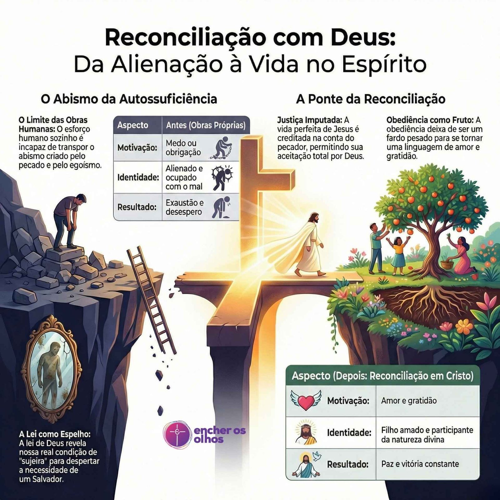 Infográfico sobre reconciliação com Deus. Ilustra abismo entre deserto e jardim. Cruz de madeira serve como ponte central. Textos explicam justiça de Cristo e novo nascimento. Mão divina desce do céu em direção ao jardim.