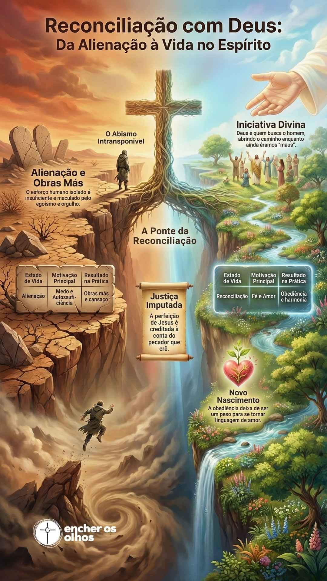 Infográfico ilustrativo mostrando um abismo entre um deserto árido rotulado como Alienação e Obras Más e um jardim vibrante representando a Reconciliação. Uma cruz de madeira serve como ponte sobre o abismo, com textos explicativos sobre Justiça Imputada, Iniciativa Divina e Novo Nascimento.