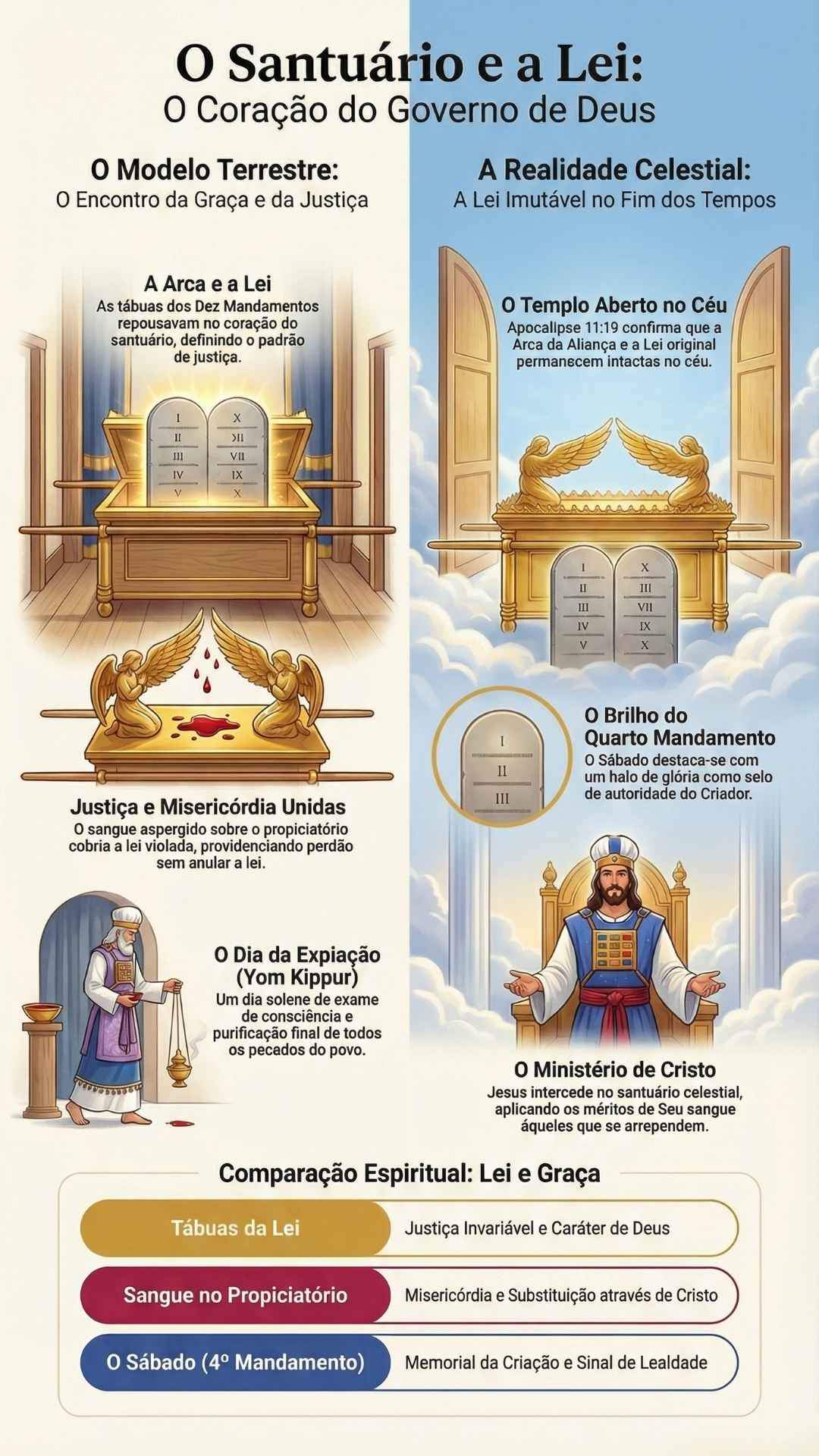 O Santuário E A Lei: A Verdade Revelada No Templo Celestial Infográfico sobre o santuário bíblico e a lei divina.