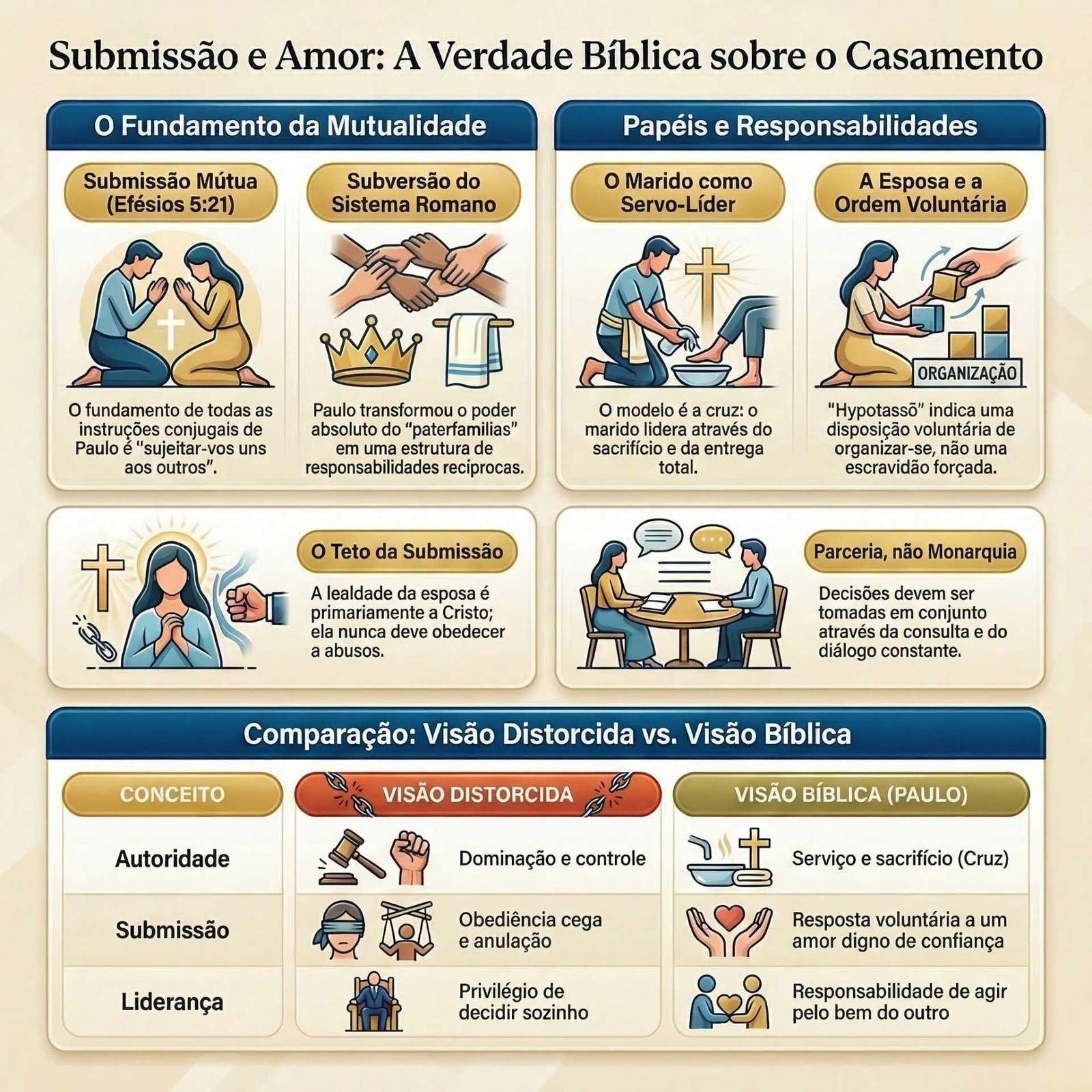 Infográfico sobre Submissão e Amor no casamento cristão.
