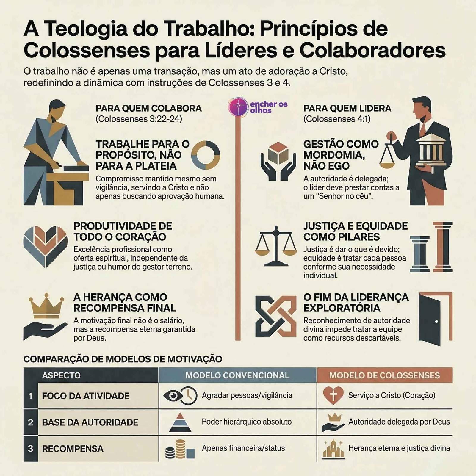 Infográfico apresenta princípios bíblicos do trabalho baseados em Colossenses.