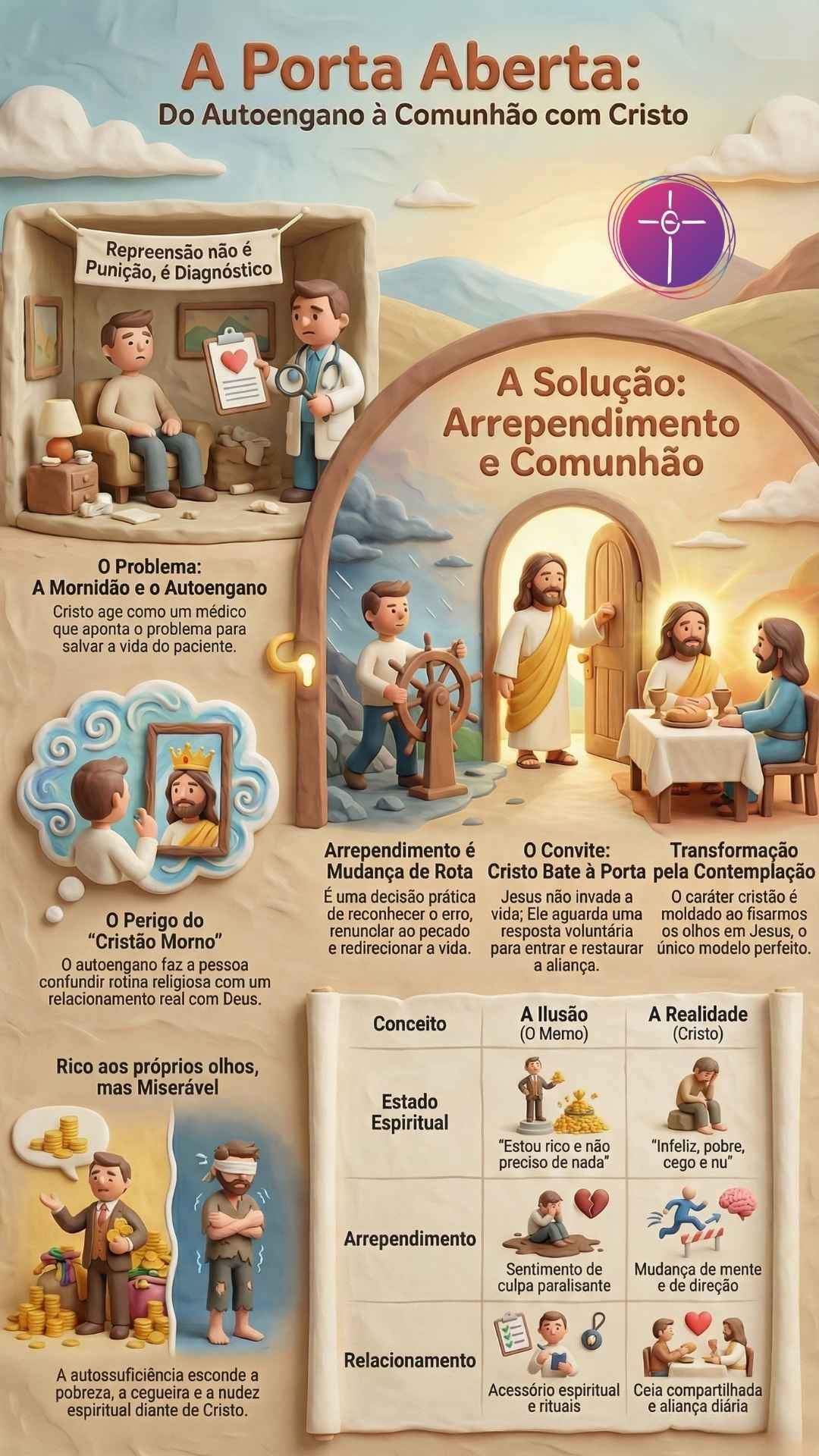 Repreensão, Arrependimento E Recompensa: O Que Cristo Quer De Você Infográfico intitulado A Porta Aberta. Mostra o trajeto do autoengano para a comunhão com Jesus.