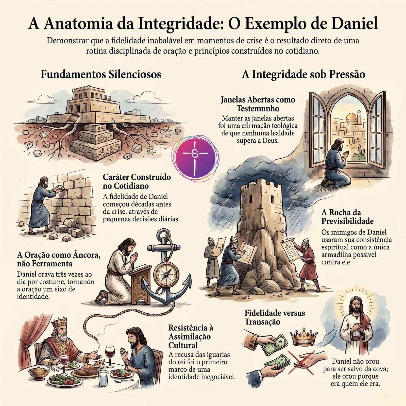Infográfico ilustrado sobre a anatomia da integridade de Daniel. Apresenta os fundamentos silenciosos e a fidelidade sob pressão.