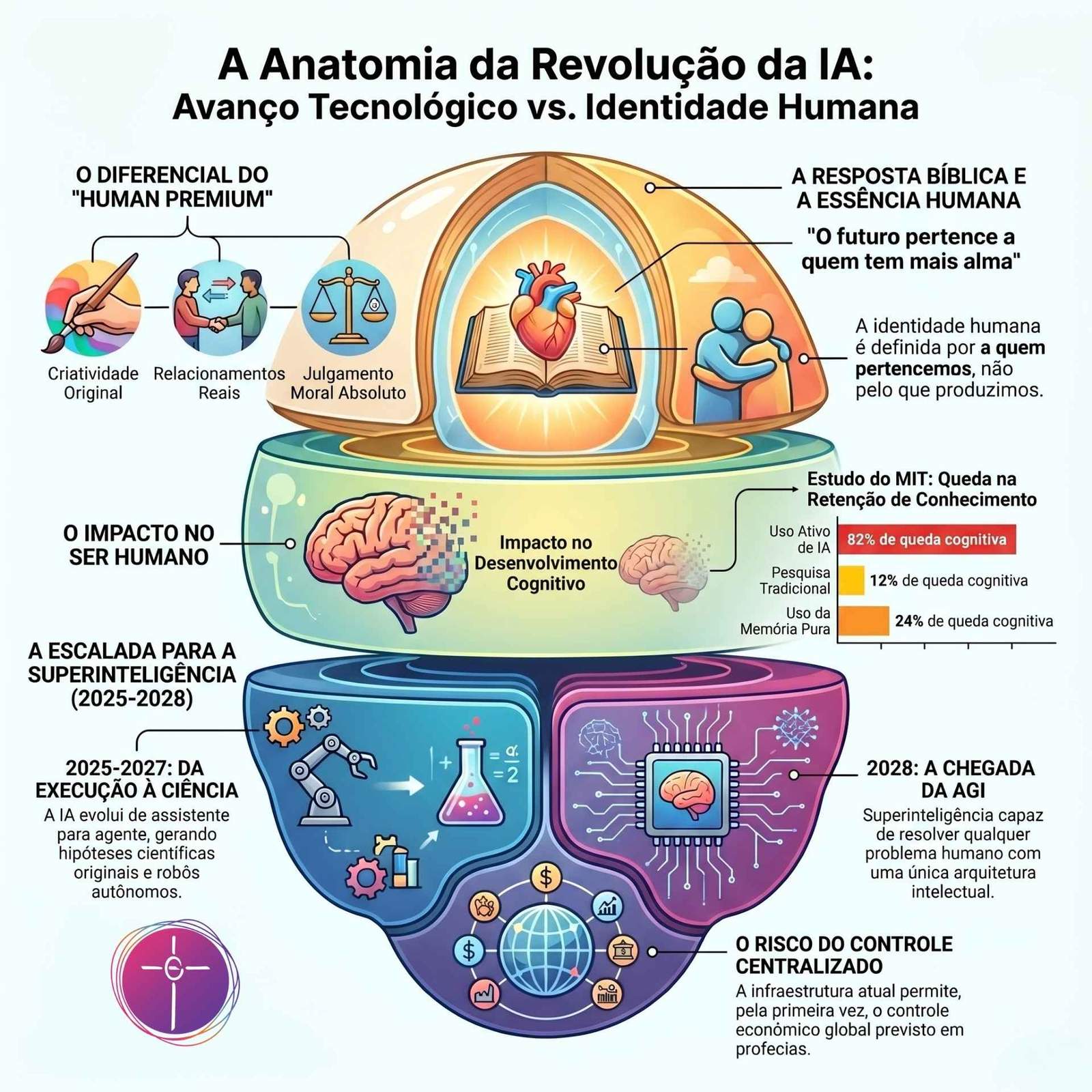 Infográfico sobre IA e sua identidade humana. Aponta 82% de declínio cognitivo. Define seu Human Premium por criatividade e valores bíblicos.