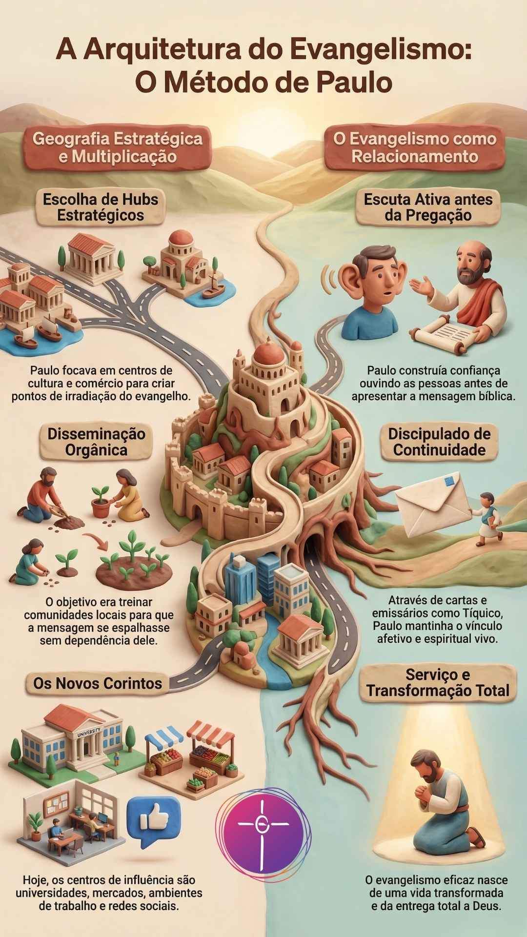 Infográfico pedagógico com estética de massinha 3D. Título: A Arquitetura do Evangelismo: O Método de Paulo
