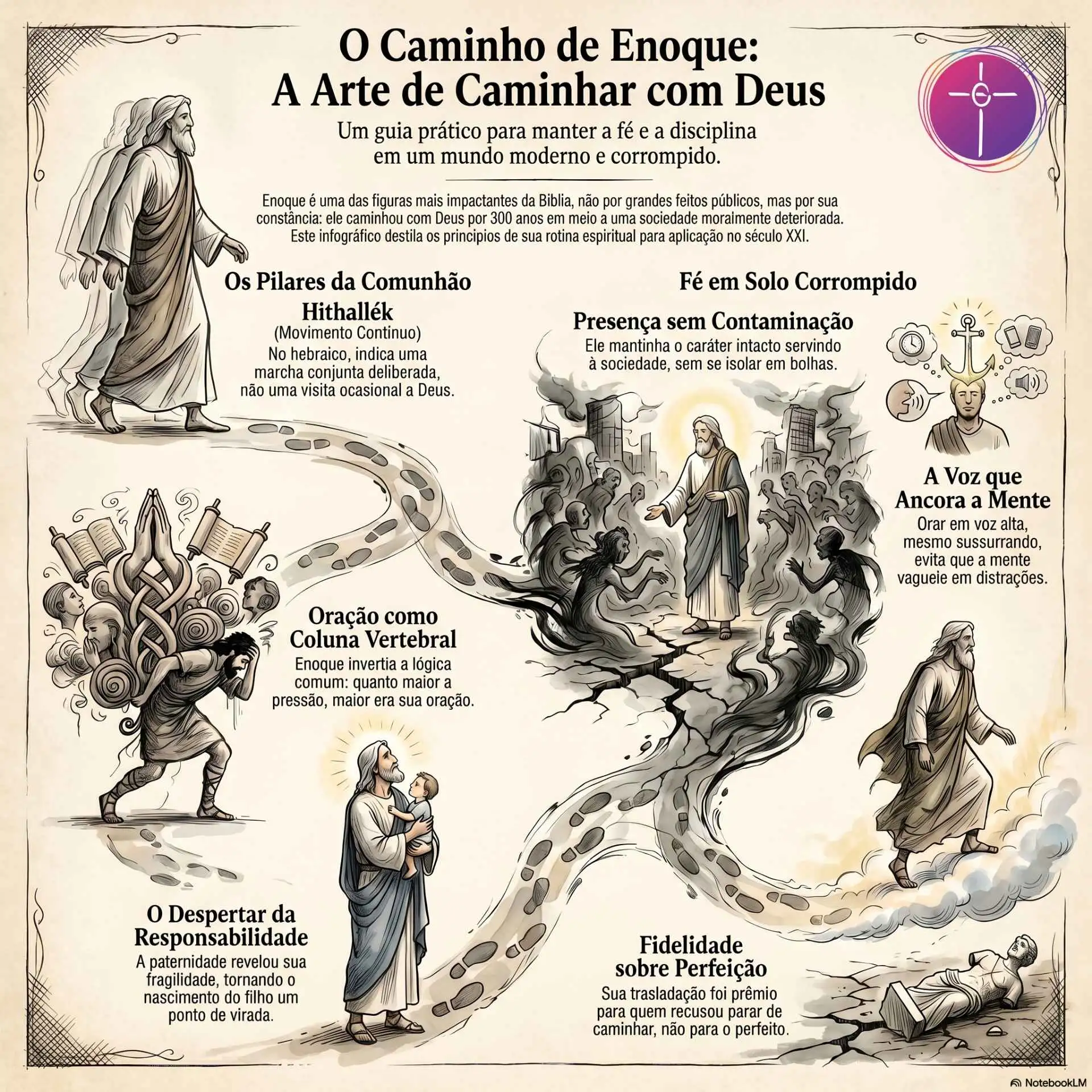 Infográfico ilustrado sobre a jornada de Enoque. Detalha pilares da comunhão, oração e fidelidade para a vida espiritual.