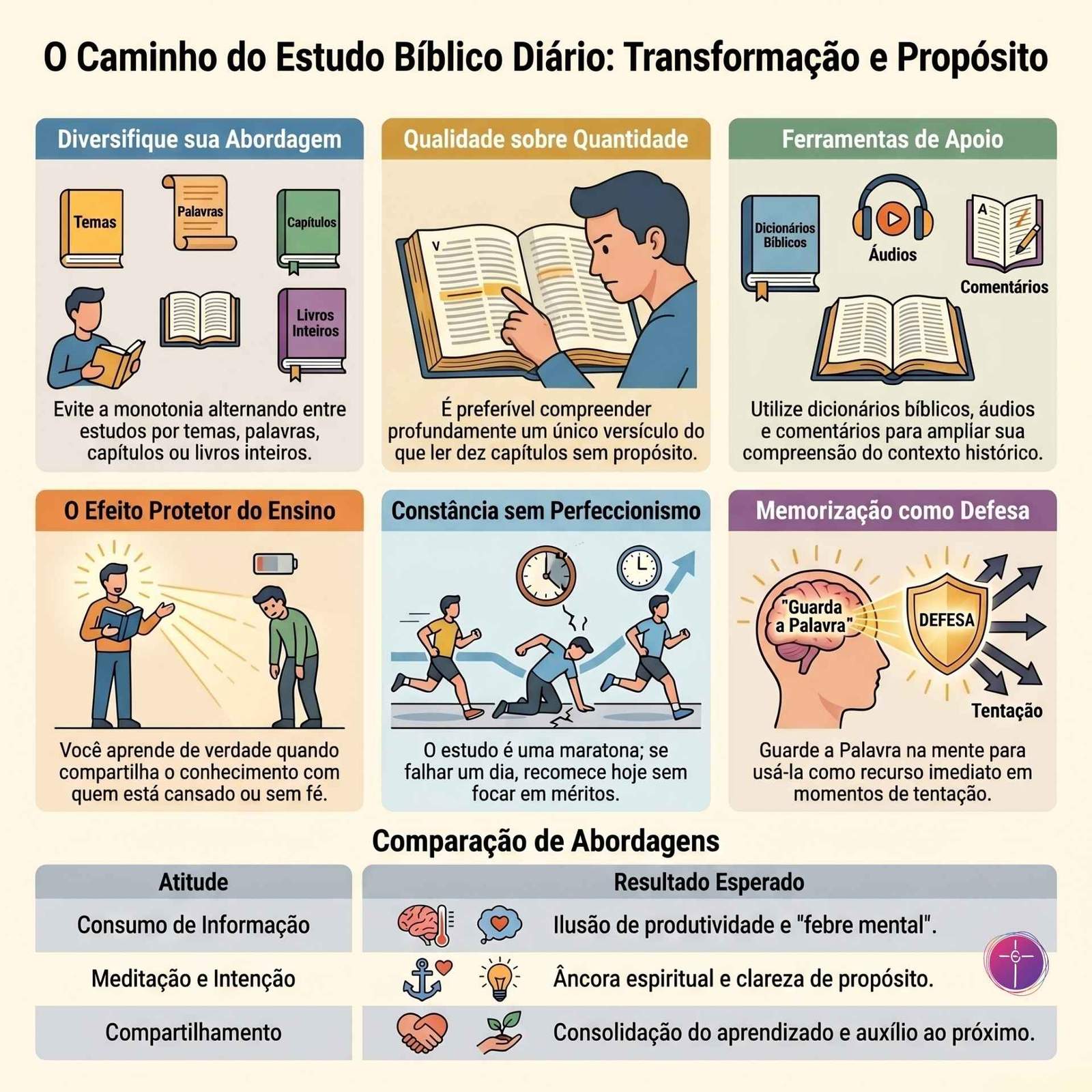 Infográfico sobre estudo bíblico diário. Contém seis blocos práticos e tabela comparativa. Ilustrações mostram leitura, ensino e constância.