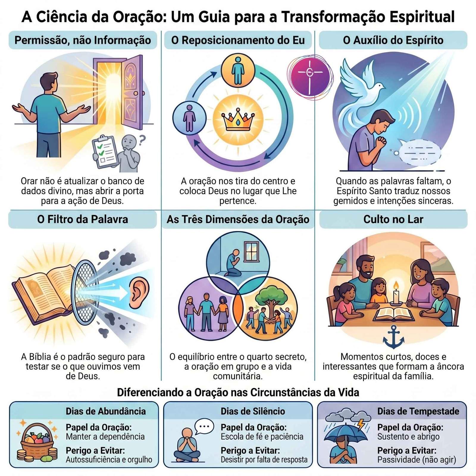Infográfico sobre a ciência da oração na imagem image_e08966.jpg. Painéis ilustram dimensões espirituais, bíblicas e práticas do ato de orar.