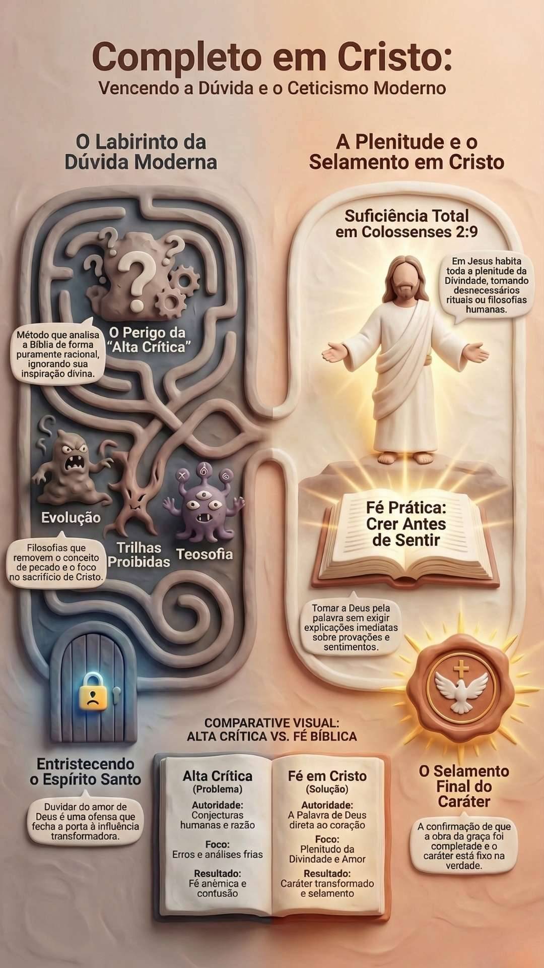 Infográfico intitulado Completo em Cristo. A imagem apresenta dois caminhos espirituais opostos