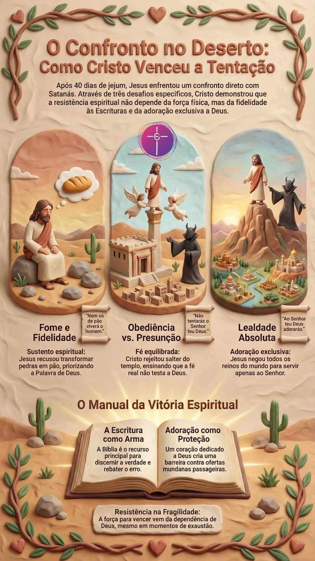 O Confronto no Deserto. O conteúdo detalha a vitória de Jesus sobre Satanás.
