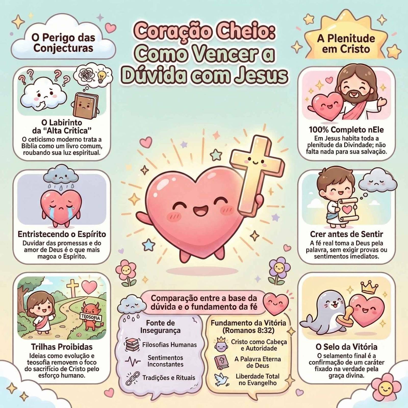 Infográfico ilustrado em estilo cartoon. O título central indica Coração Cheio: Como Vencer a Dúvida com Jesus.
