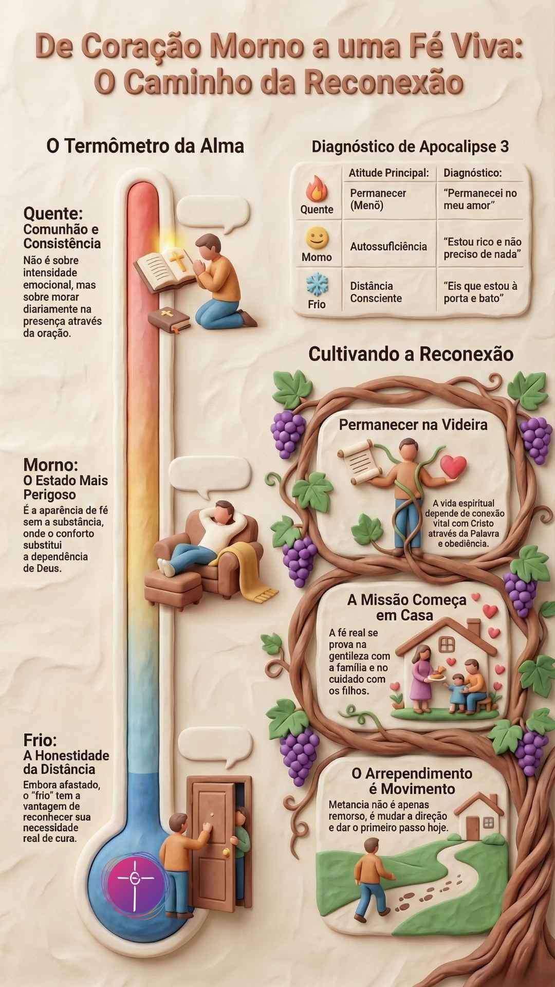 Seu Relacionamento Com Deus Está Morno? Infográfico De Coração Morno a uma Fé Viva. Apresenta o Termômetro da Alma e diagnóstico de Apocalipse 3.
