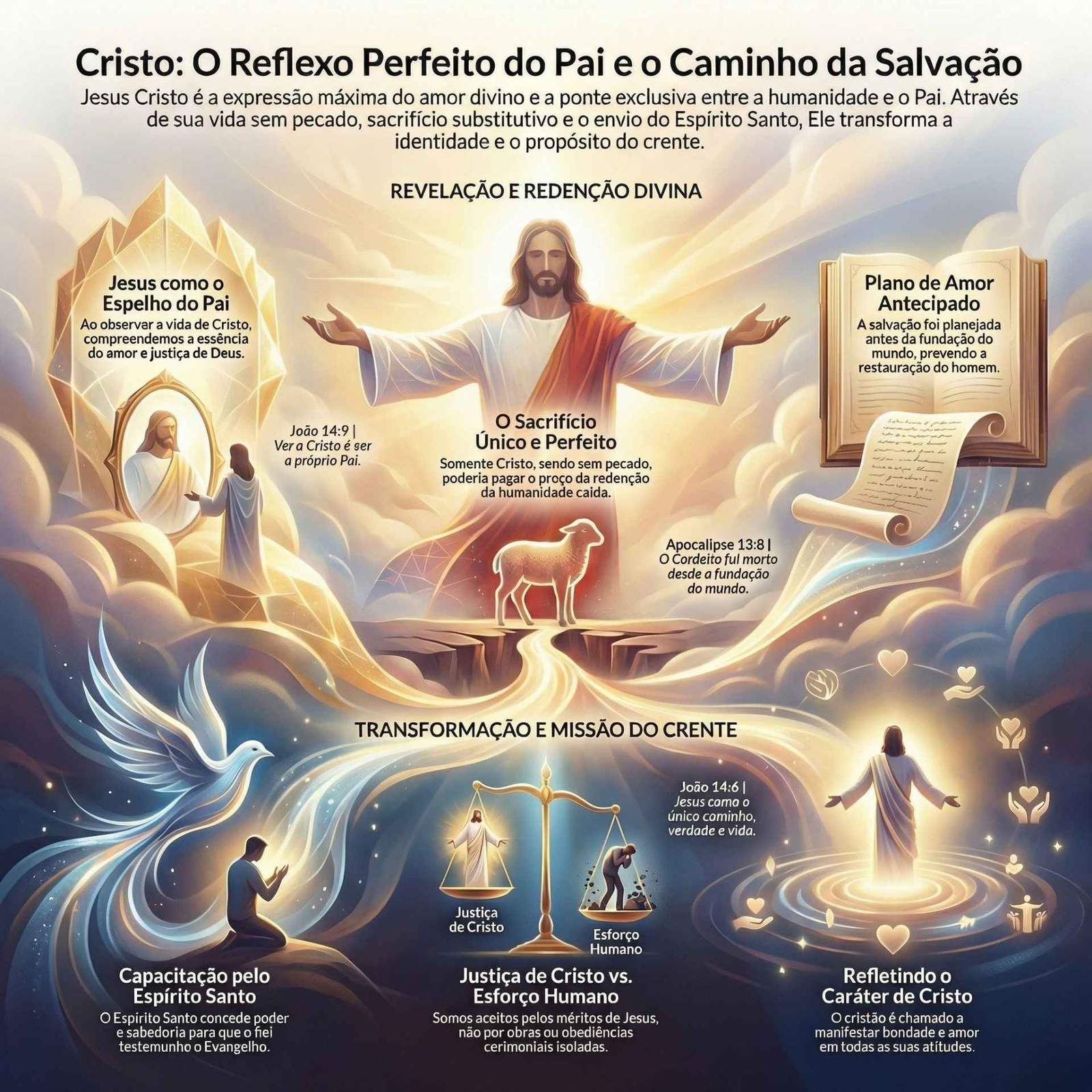 Infográfico com Jesus ao centro. Ele aponta para o caminho rumo ao céu.