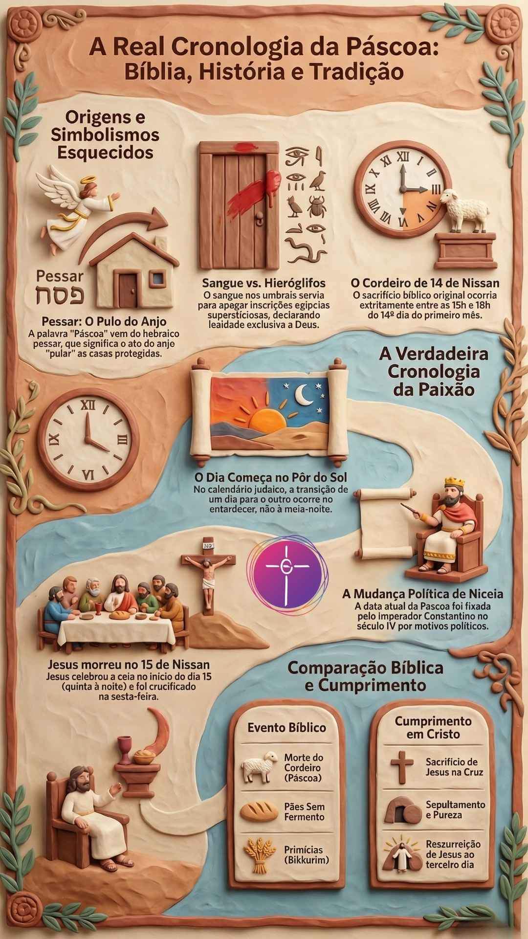 Infográfico com arte em massinha. Título: A Real Cronologia da Páscoa. Aborda Bíblia, História e Tradição.