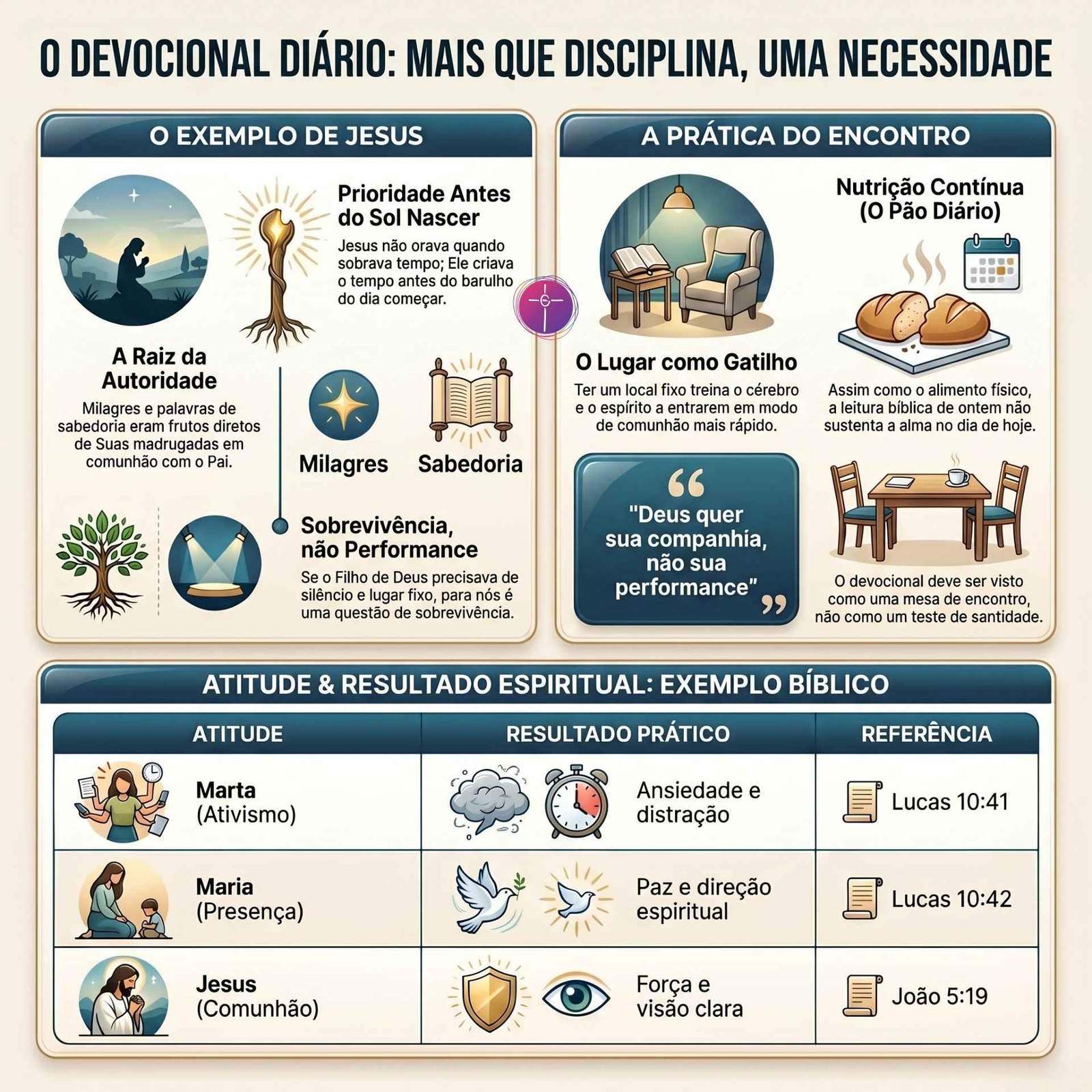 Infográfico sobre o devocional diário. Ilustra o exemplo de Jesus e a prática da oração.