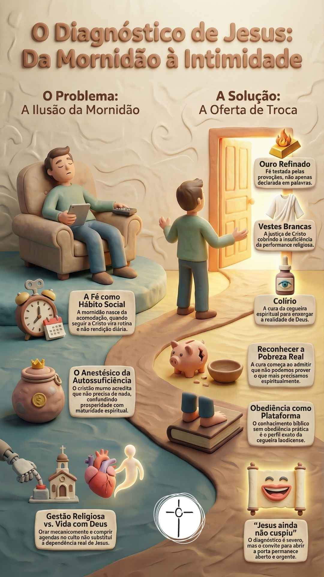 Infográfico O Diagnóstico de Jesus. Lado esquerdo expõe o problema da mornidão.