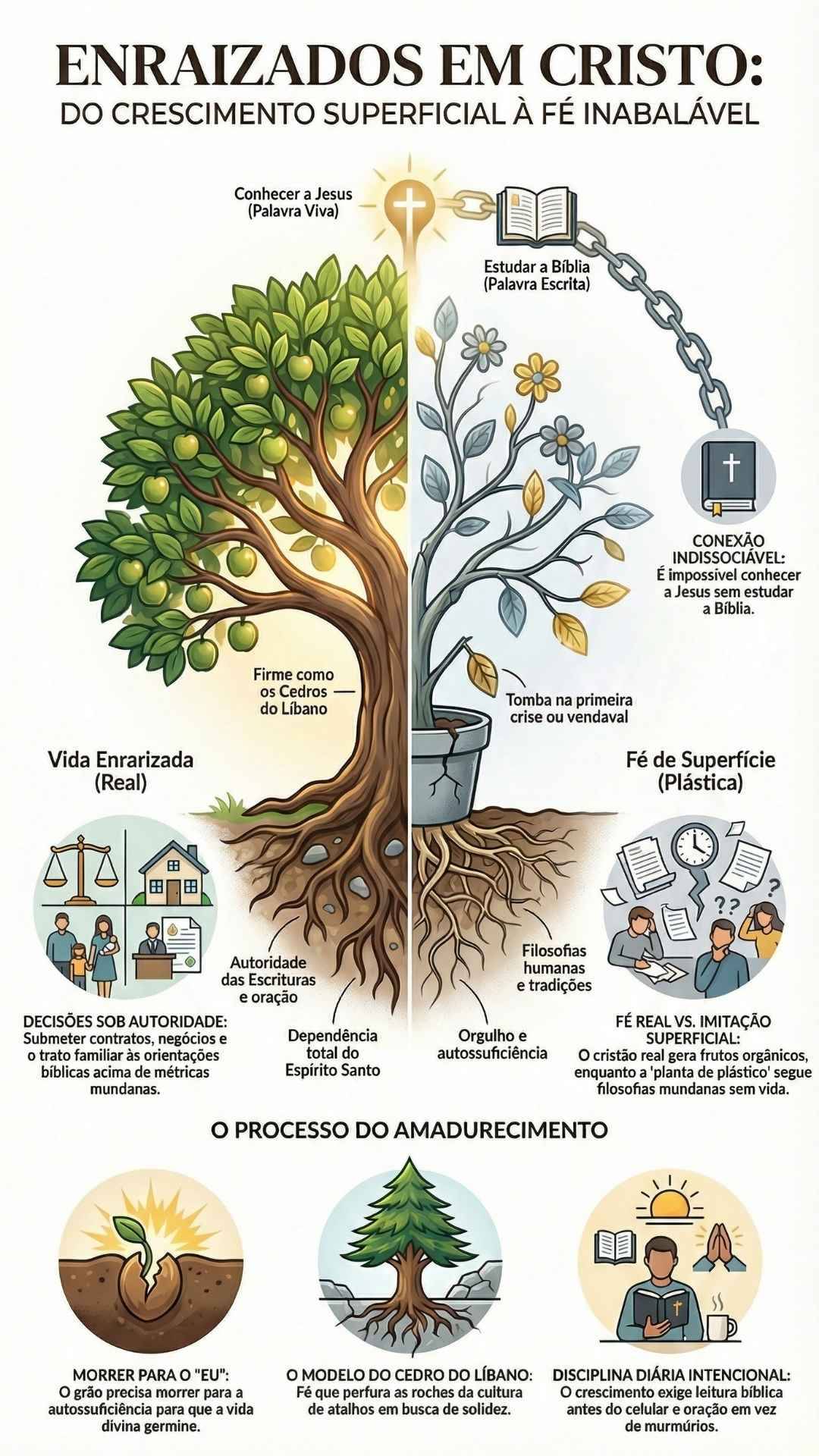 Enraizados Em Cristo: O Caminho Para O Crescimento Espiritual Infográfico Enraizados em Cristo Do Crescimento Superficial à Fé Inabalável. A ilustração central mostra uma árvore dividida.