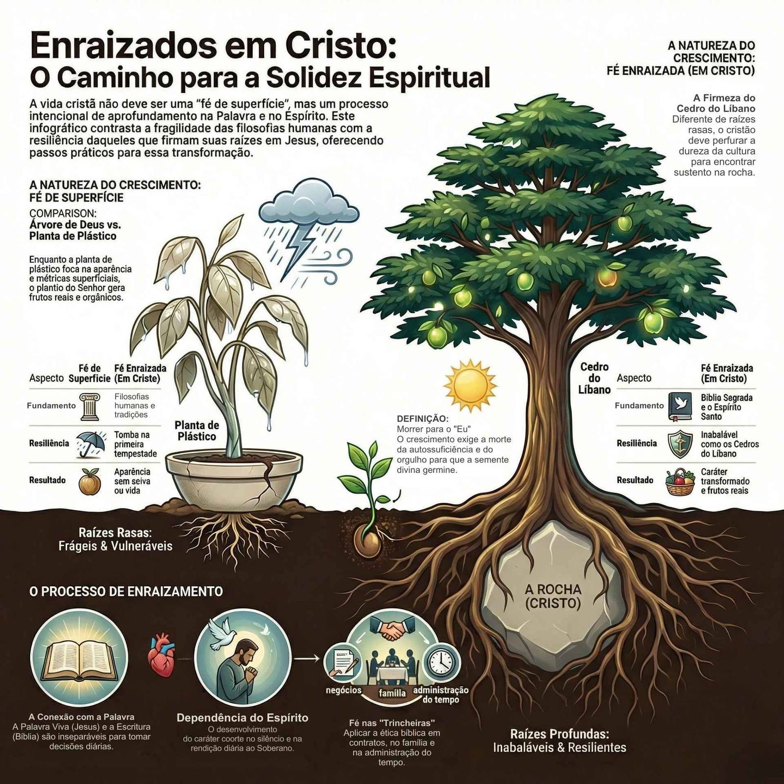 Infográfico Enraizados em Cristo O Caminho para a Solidez Espiritual. A imagem compara a Fé de Superfície e a Fé Enraizada.