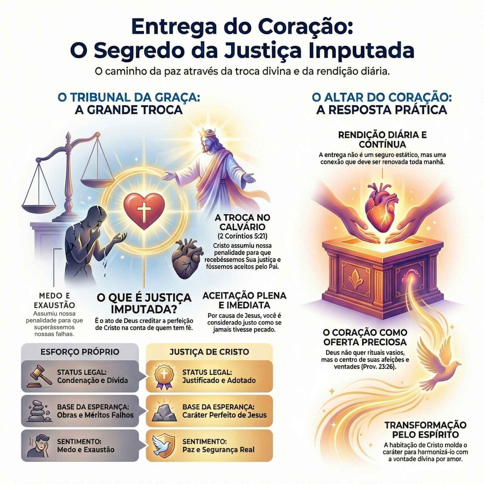 Infográfico sobre Justiça Imputada. O design ilustra o caminho da paz pela troca divina.