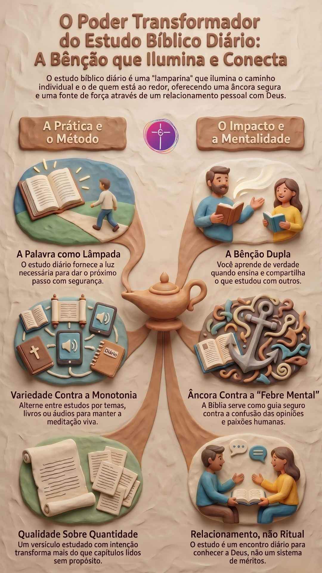 Infográfico argila sobre estudo bíblico diário. Divide métodos práticos e impactos mentais. Figuras mostram leitura, áudio e ensino entre pessoas.