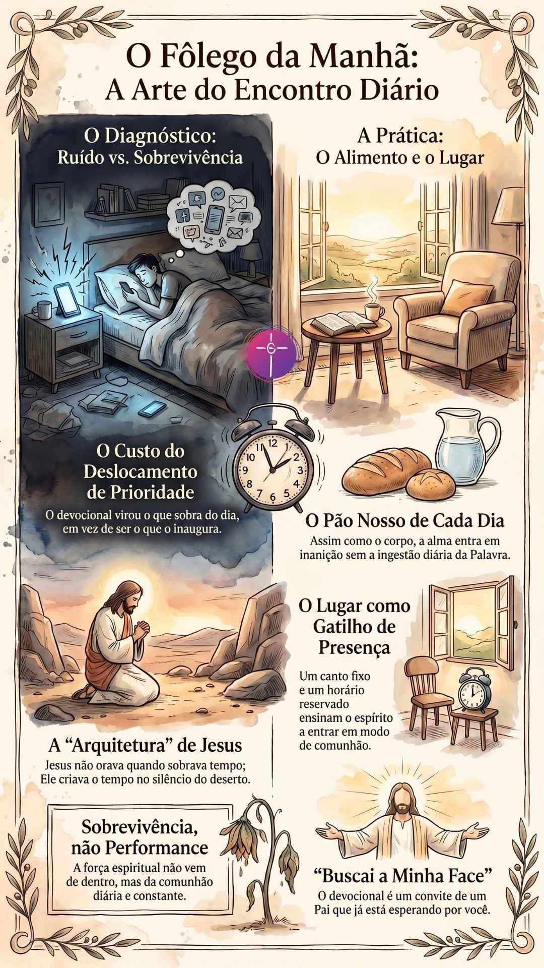 Infográfico O Fôlego da Manhã sobre a arte do encontro diário.