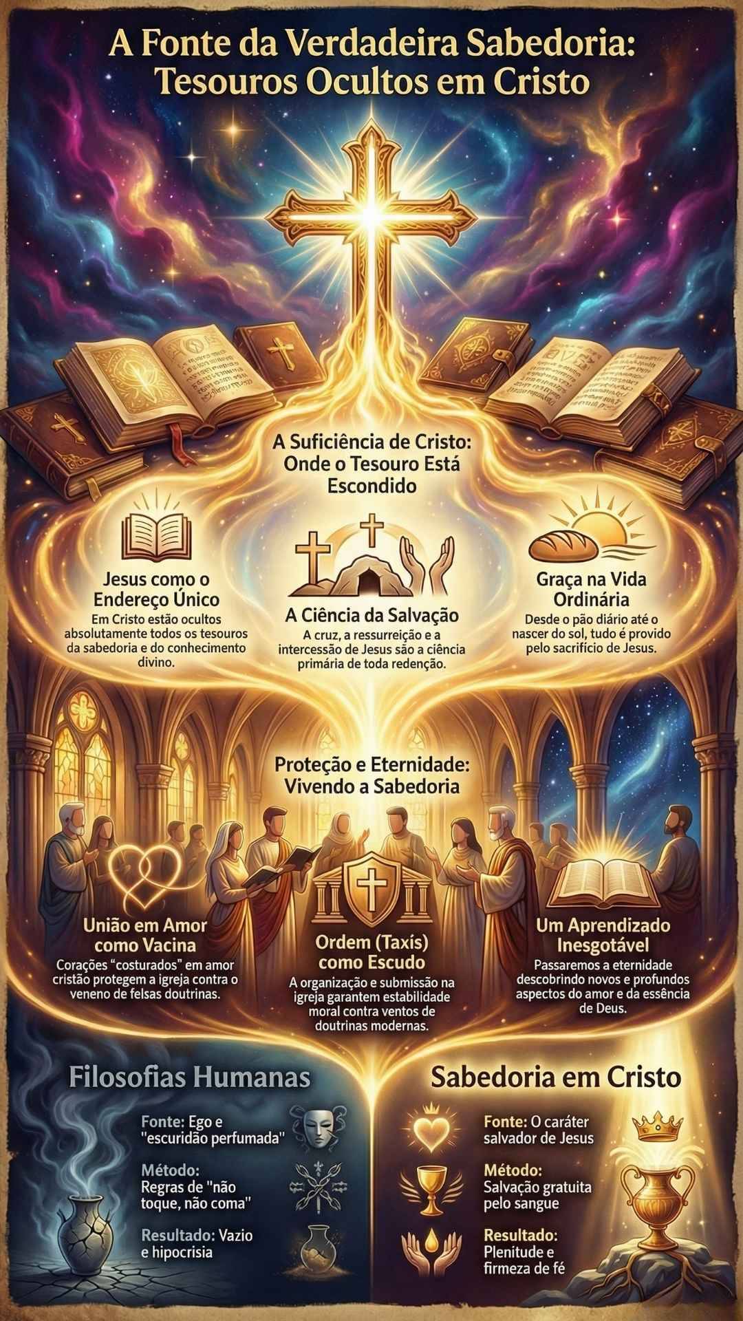 Infográfico sobre a fonte da verdadeira sabedoria em Cristo. A parte superior exibe uma cruz dourada e bíblias abertas.