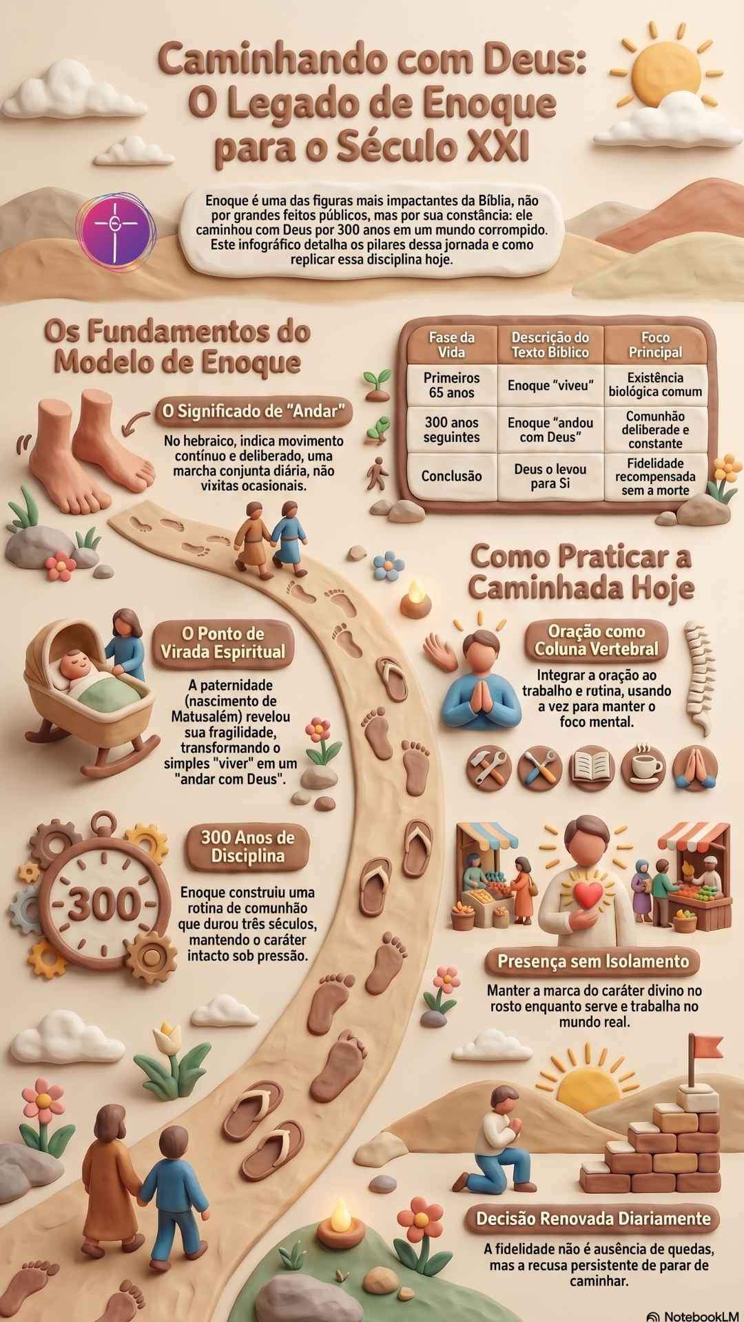Infográfico 3D argila sobre Enoque. Detalha pilares da comunhão diária e constância na fé. Visual tons terra com ícones e figuras em relevo.