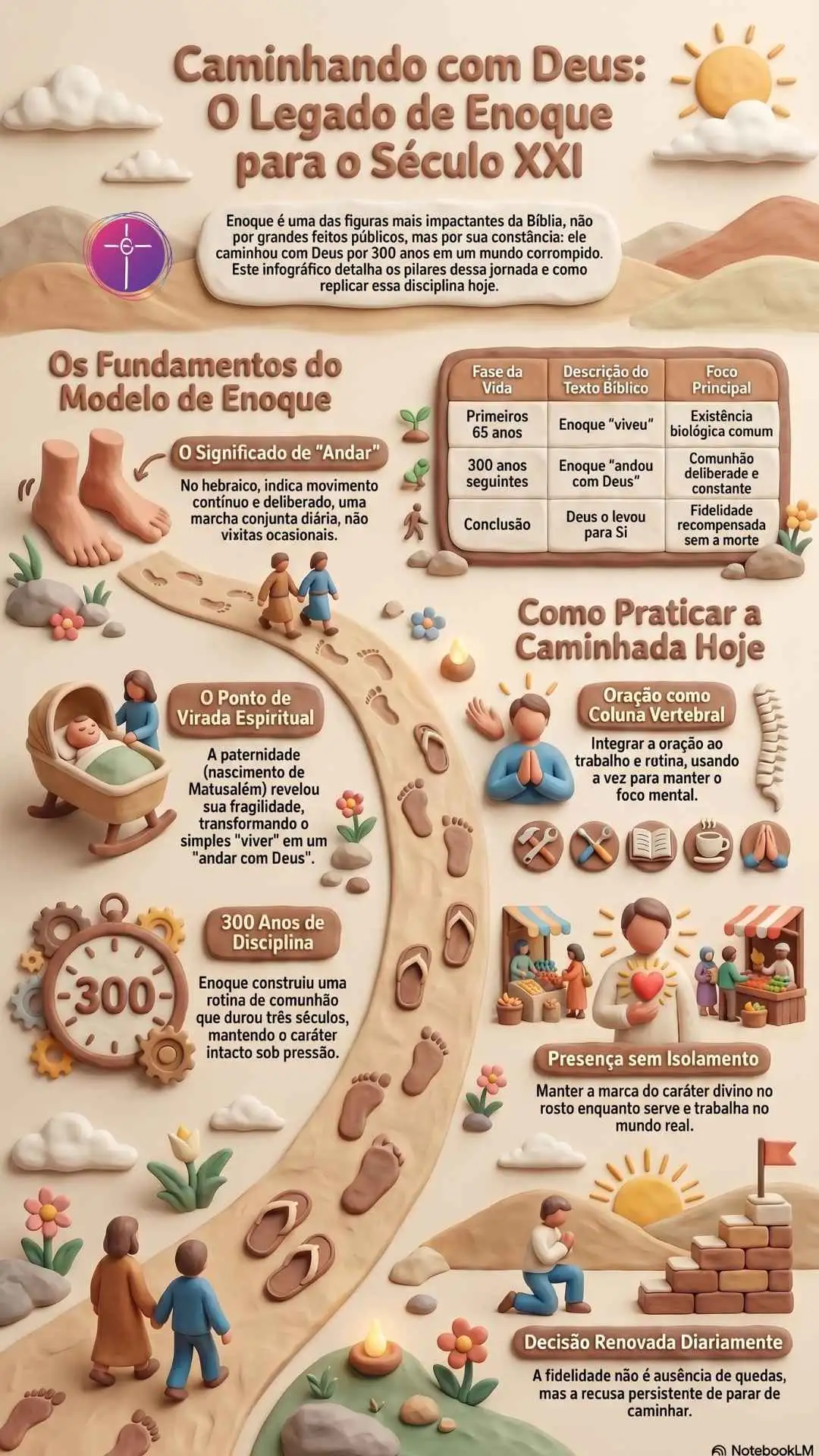 Infográfico 3D argila sobre Enoque. Detalha pilares da comunhão diária e constância na fé. Visual tons terra com ícones e figuras em relevo.