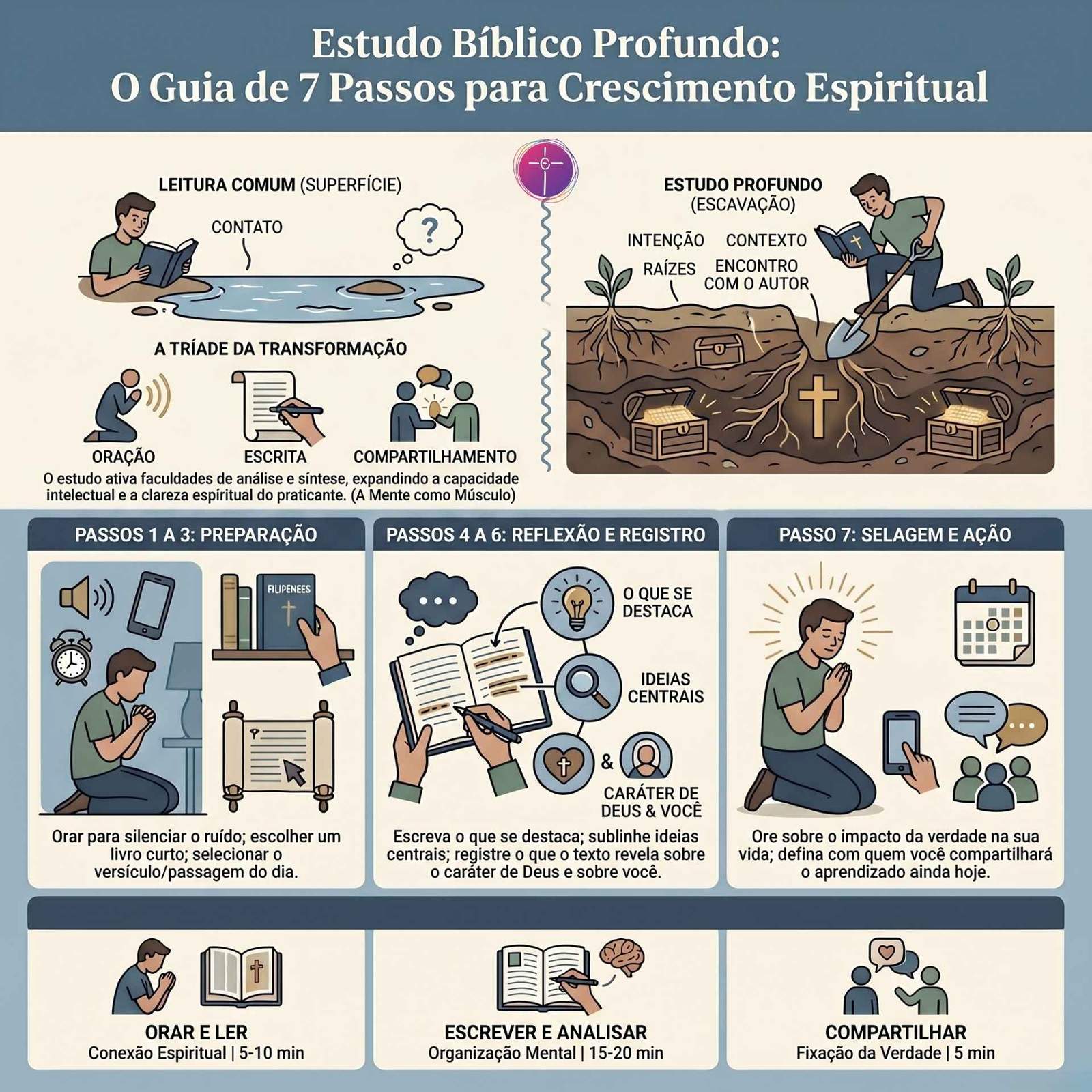 Infográfico detalha o Guia de 7 Passos para Crescimento Espiritual. A imagem diferencia leitura superficial e estudo profundo.