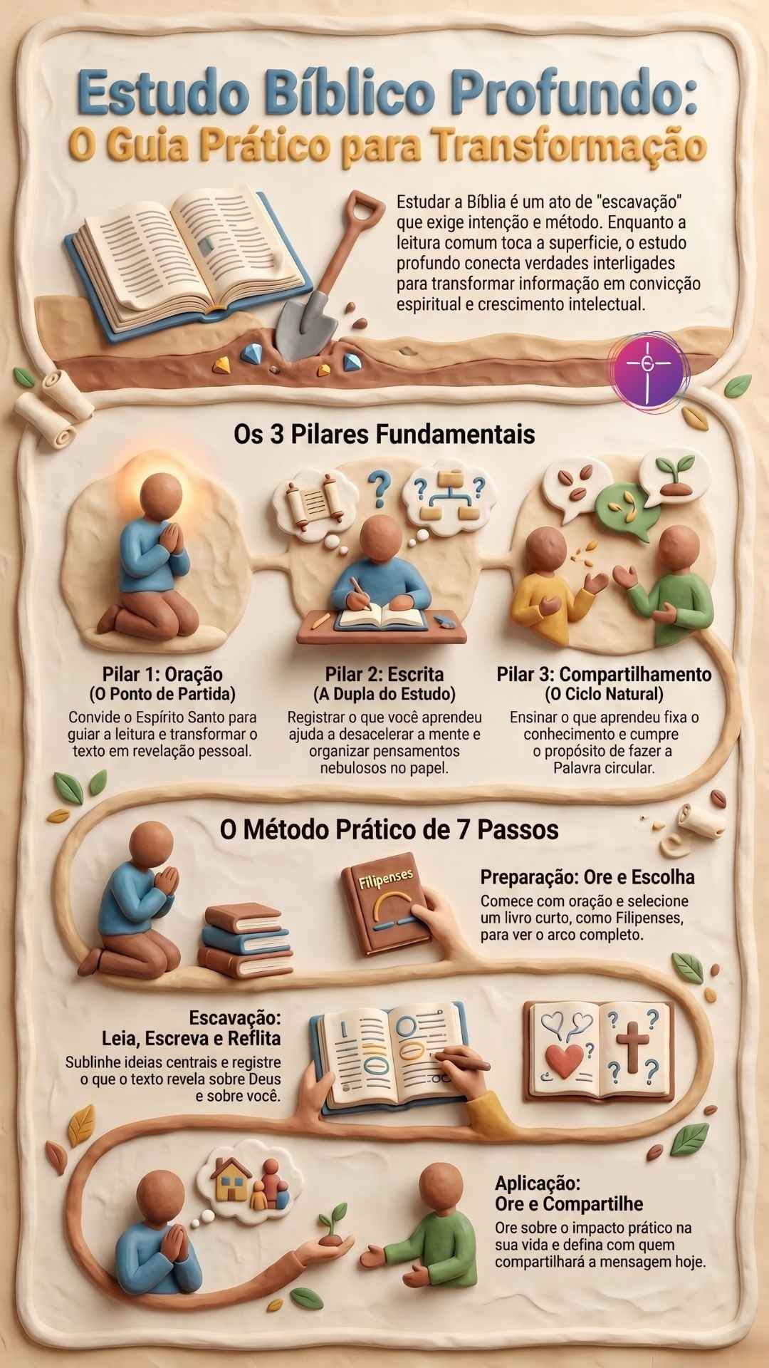 Infográfico em estilo massinha sobre estudo bíblico. Título. Estudo Bíblico Profundo. Guia prático para transformação.