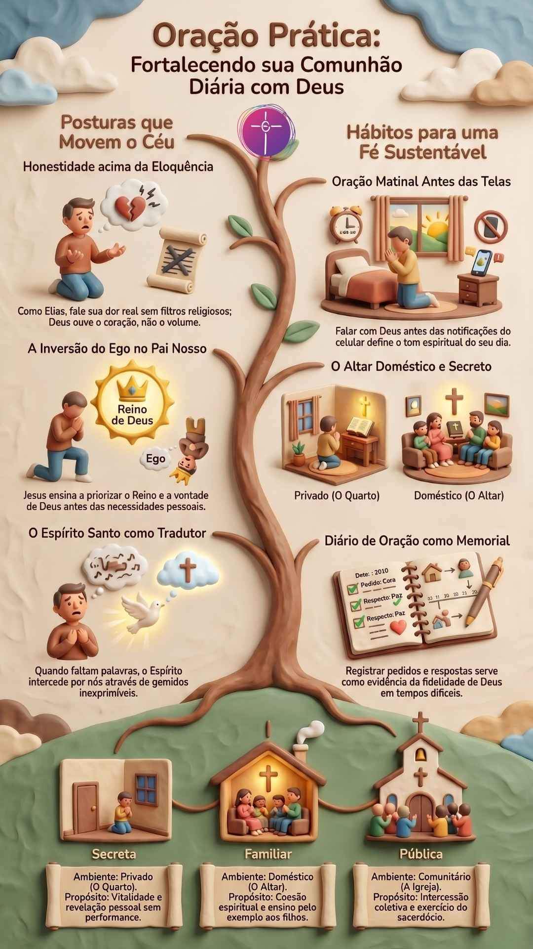 Infográfico oração prática. Apresenta posturas e hábitos espirituais. Ilustra oração individual, familiar e coletiva sob ramos de uma árvore.