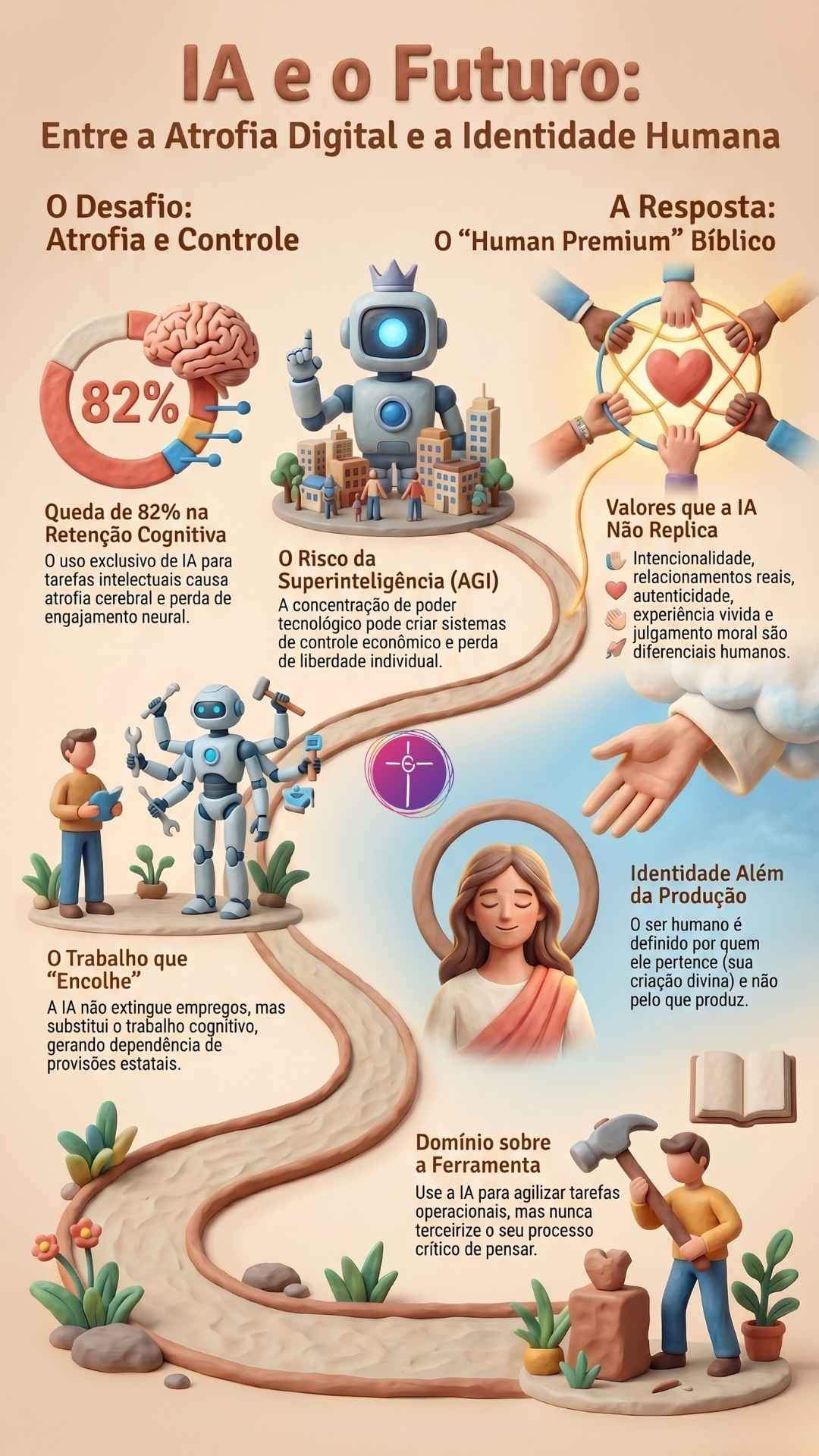 Proteja seu pensamento crítico da atrofia por IA. Infográfico defende sua identidade divina e valores morais no futuro tecnológico.
