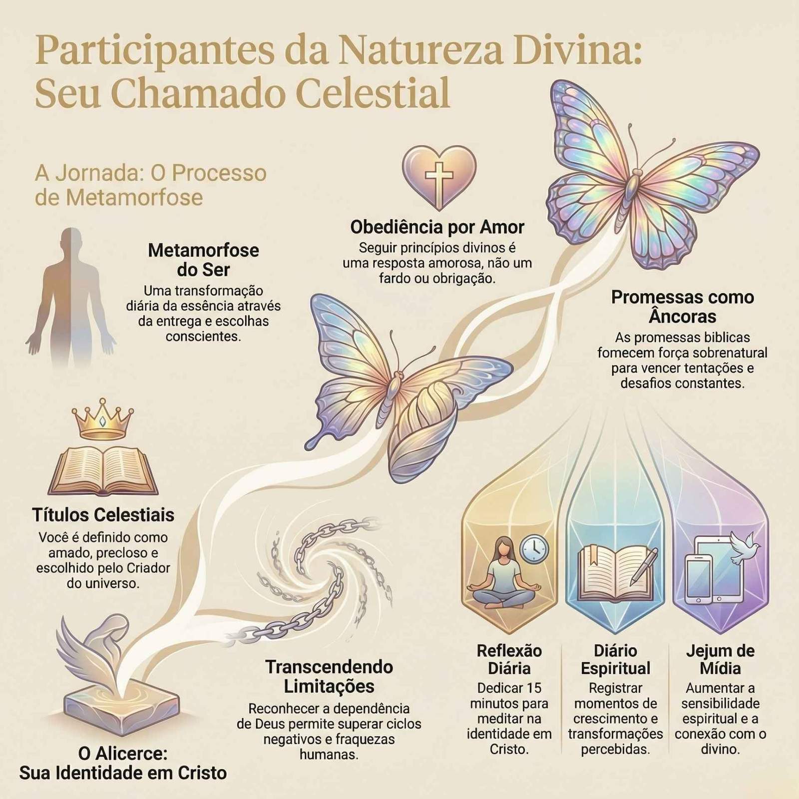 Infográfico ilustra processo de metamorfose espiritual. Borboletas e hélice de DNA simbolizam mudança interior. Seções explicam promessas bíblicas e títulos celestiais. Base sugere jejum de mídia e reflexão. Tons creme e pastéis compõem a arte.