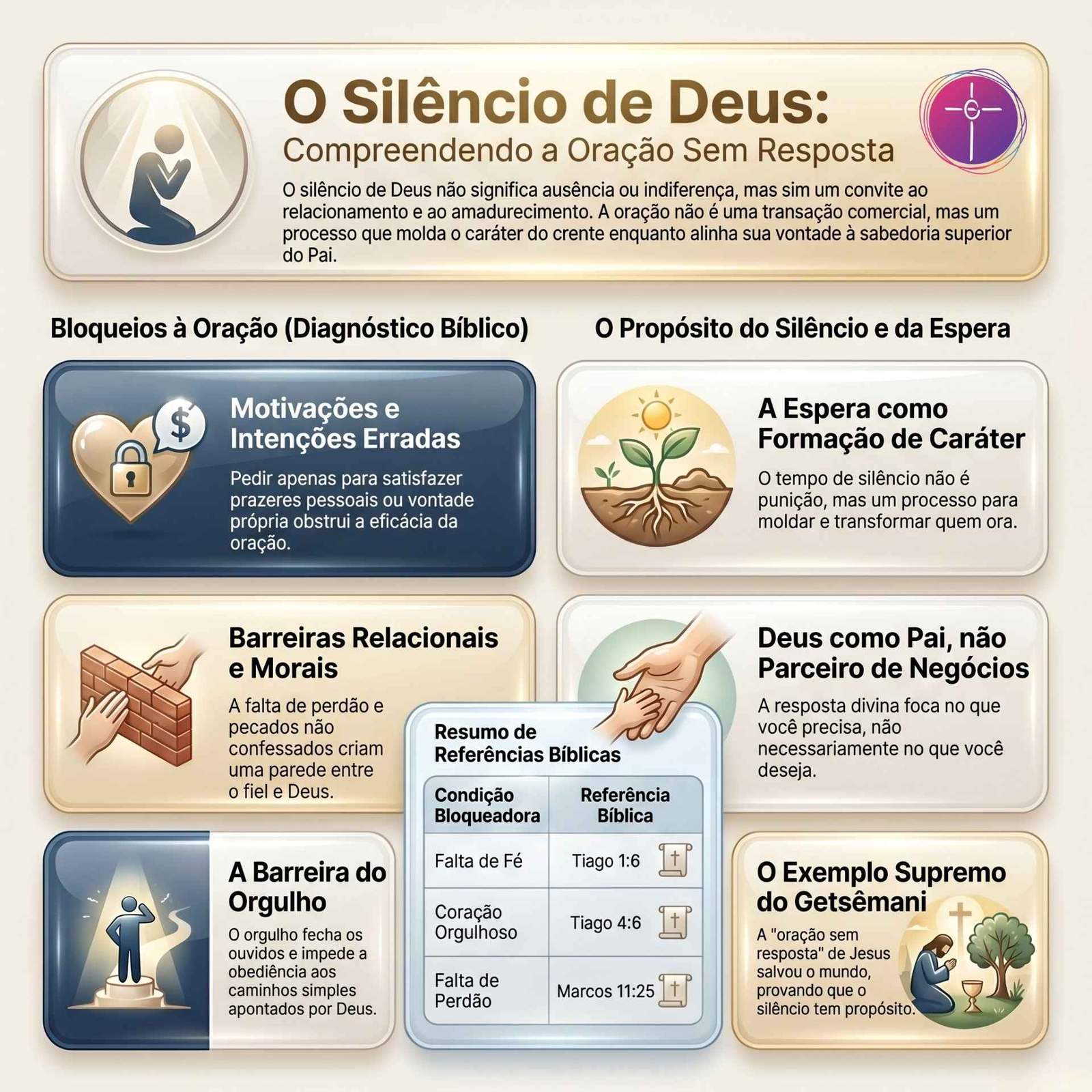 Infográfico detalha o silêncio de Deus na oração. Quadros ilustram bloqueios espirituais, propósitos da espera e referências bíblicas.